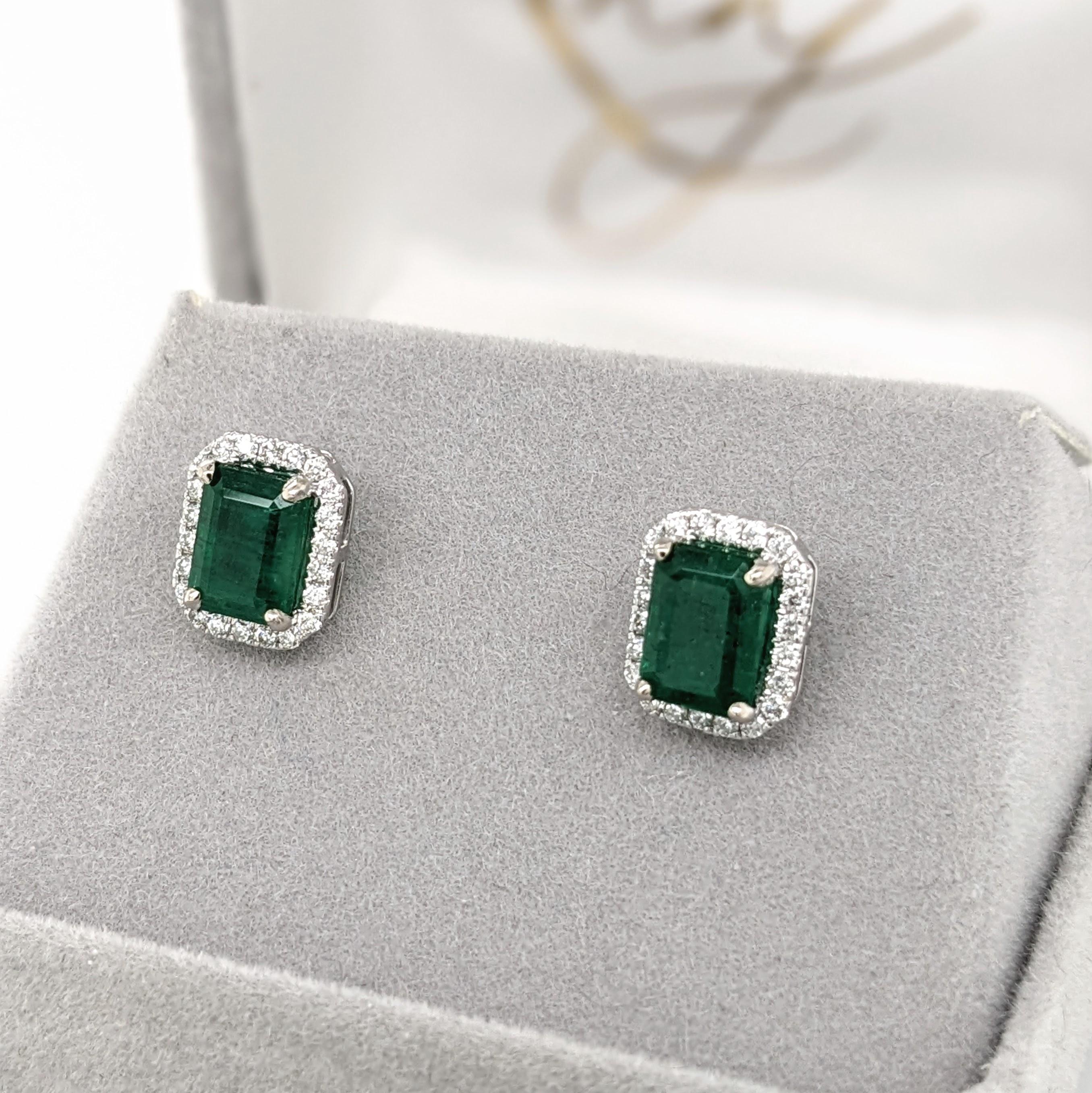 2.3ct Zambian Emerald Stud Earrings w Natural Diamond Halo in Solid 14K Gold 7x5 4