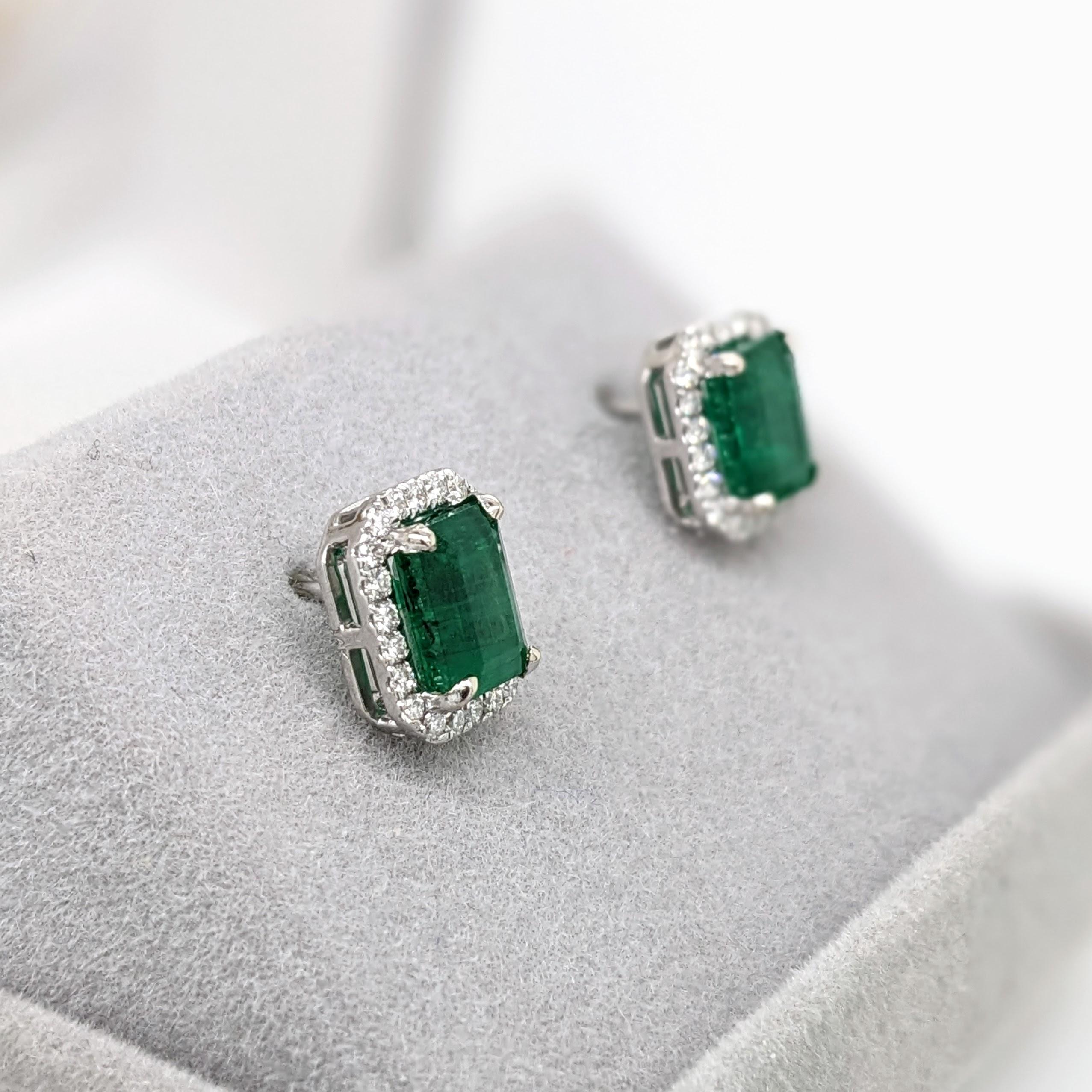 2.3ct Zambian Emerald Stud Earrings w Natural Diamond Halo in Solid 14K Gold 7x5 5