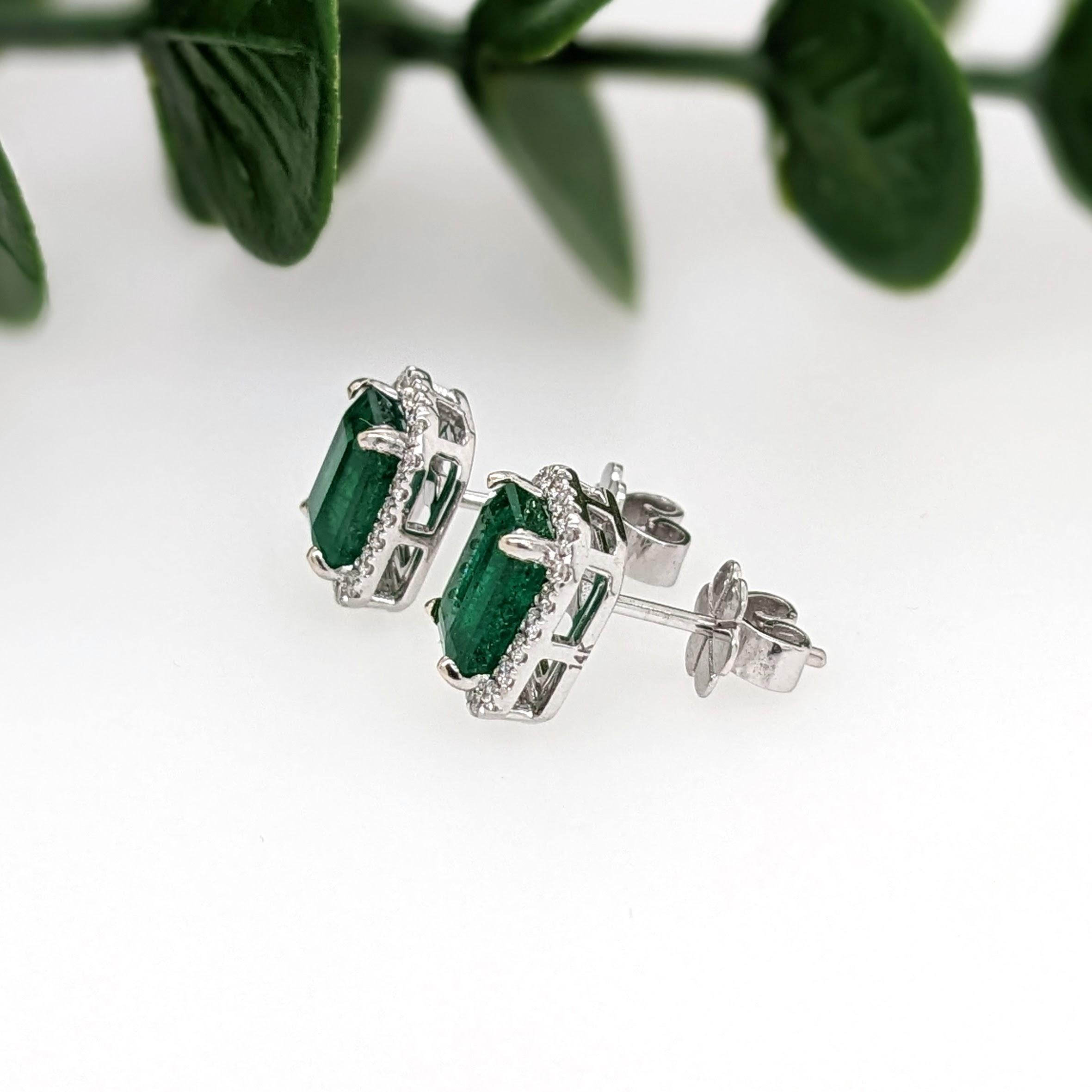 Modern 2.3ct Zambian Emerald Stud Earrings w Natural Diamond Halo in Solid 14K Gold 7x5
