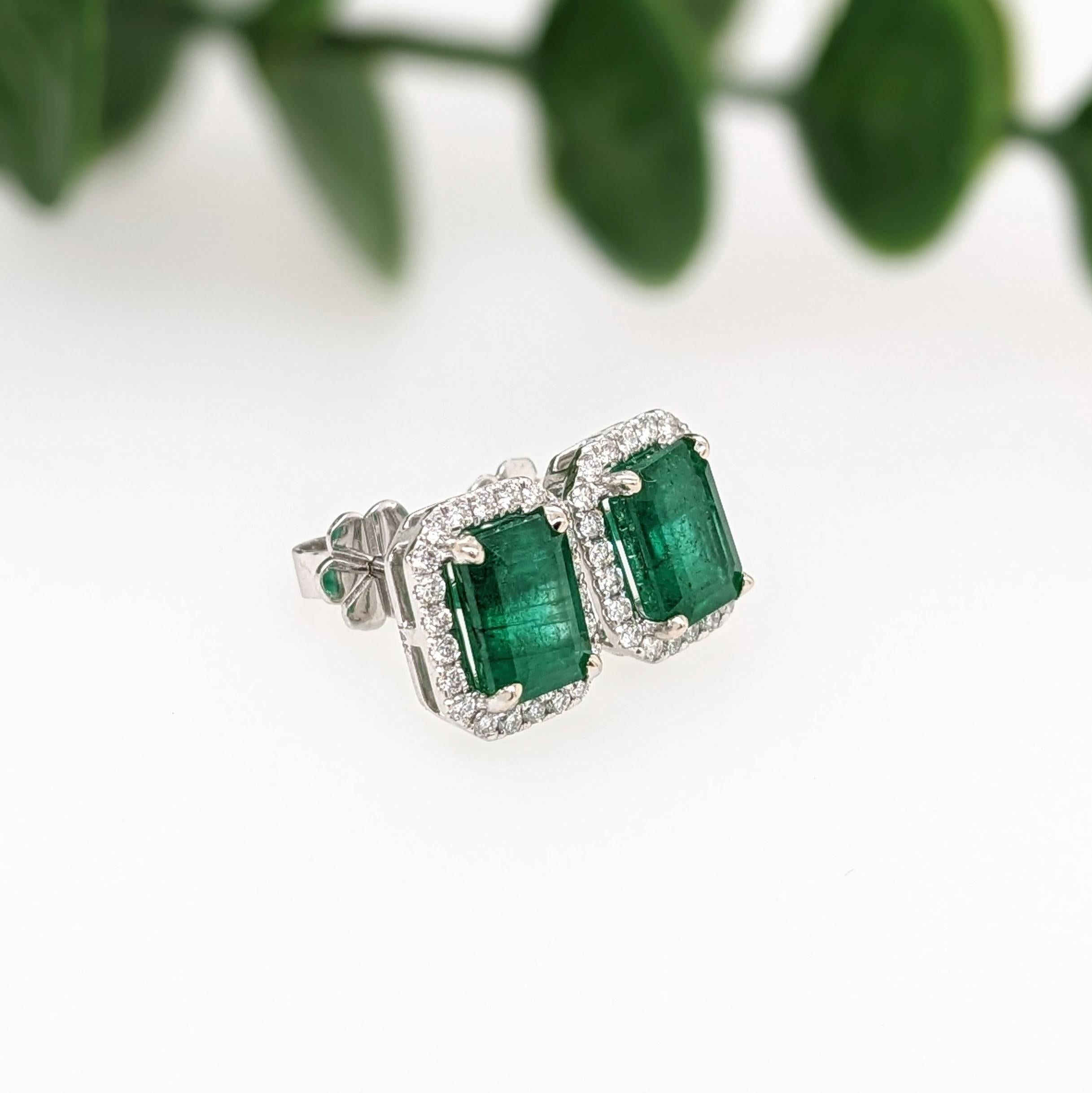 Emerald Cut 2.3ct Zambian Emerald Stud Earrings w Natural Diamond Halo in Solid 14K Gold 7x5