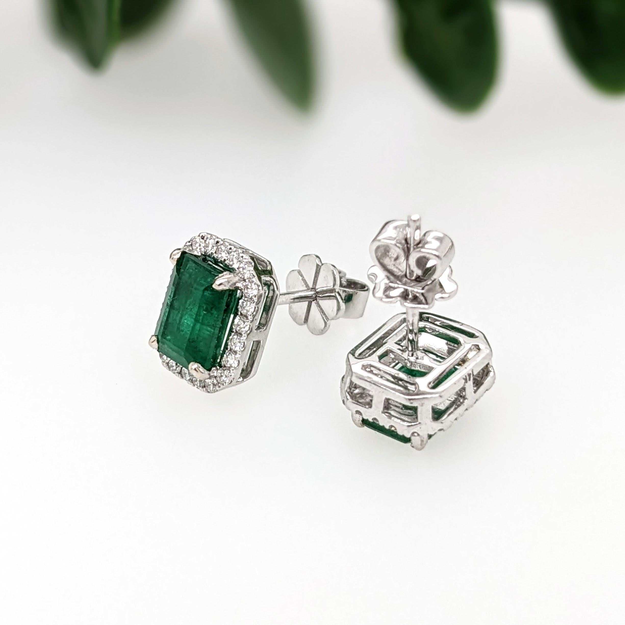 2.3ct Zambian Emerald Stud Earrings w Natural Diamond Halo in Solid 14K Gold 7x5 In New Condition In Columbus, OH