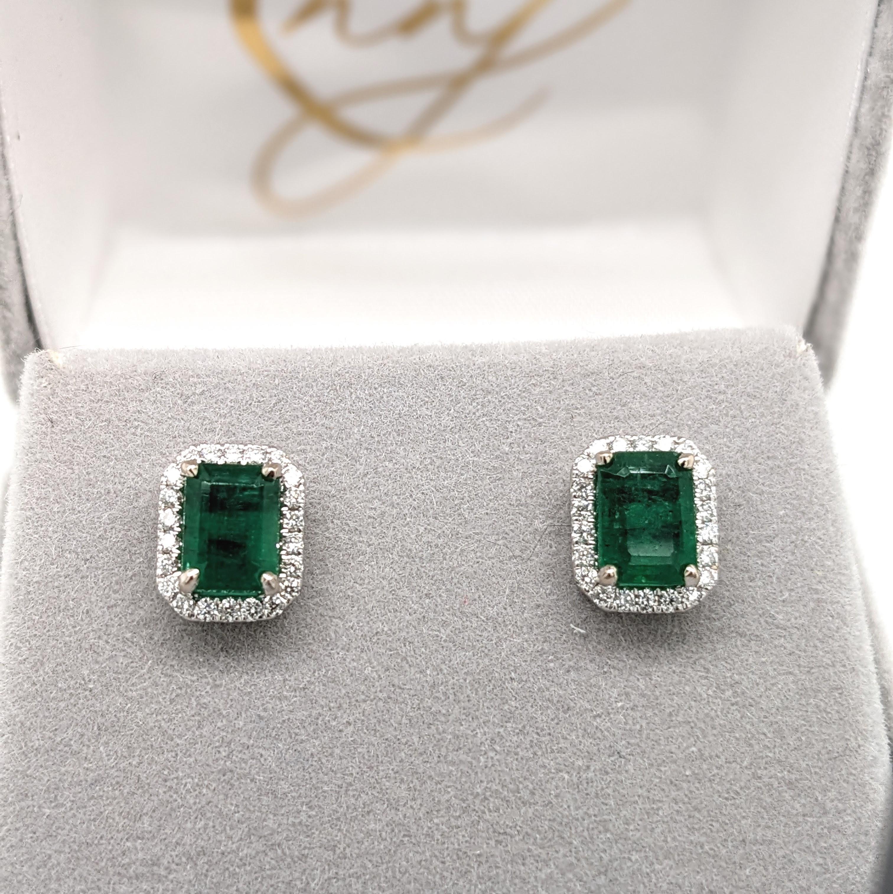 2.3ct Zambian Emerald Stud Earrings w Natural Diamond Halo in Solid 14K Gold 7x5 2