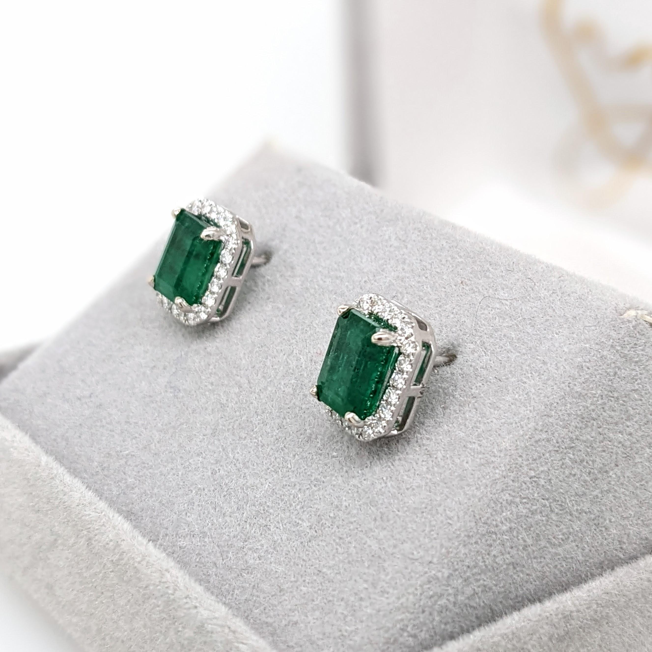 2.3ct Zambian Emerald Stud Earrings w Natural Diamond Halo in Solid 14K Gold 7x5 3