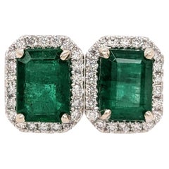 2.3ct Zambian Emerald Stud Earrings w Natural Diamond Halo in Solid 14K Gold 7x5