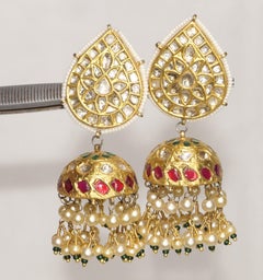 23k Gold and Diamond Polki Jhumki Earring Pair With Natural pearls and ruby