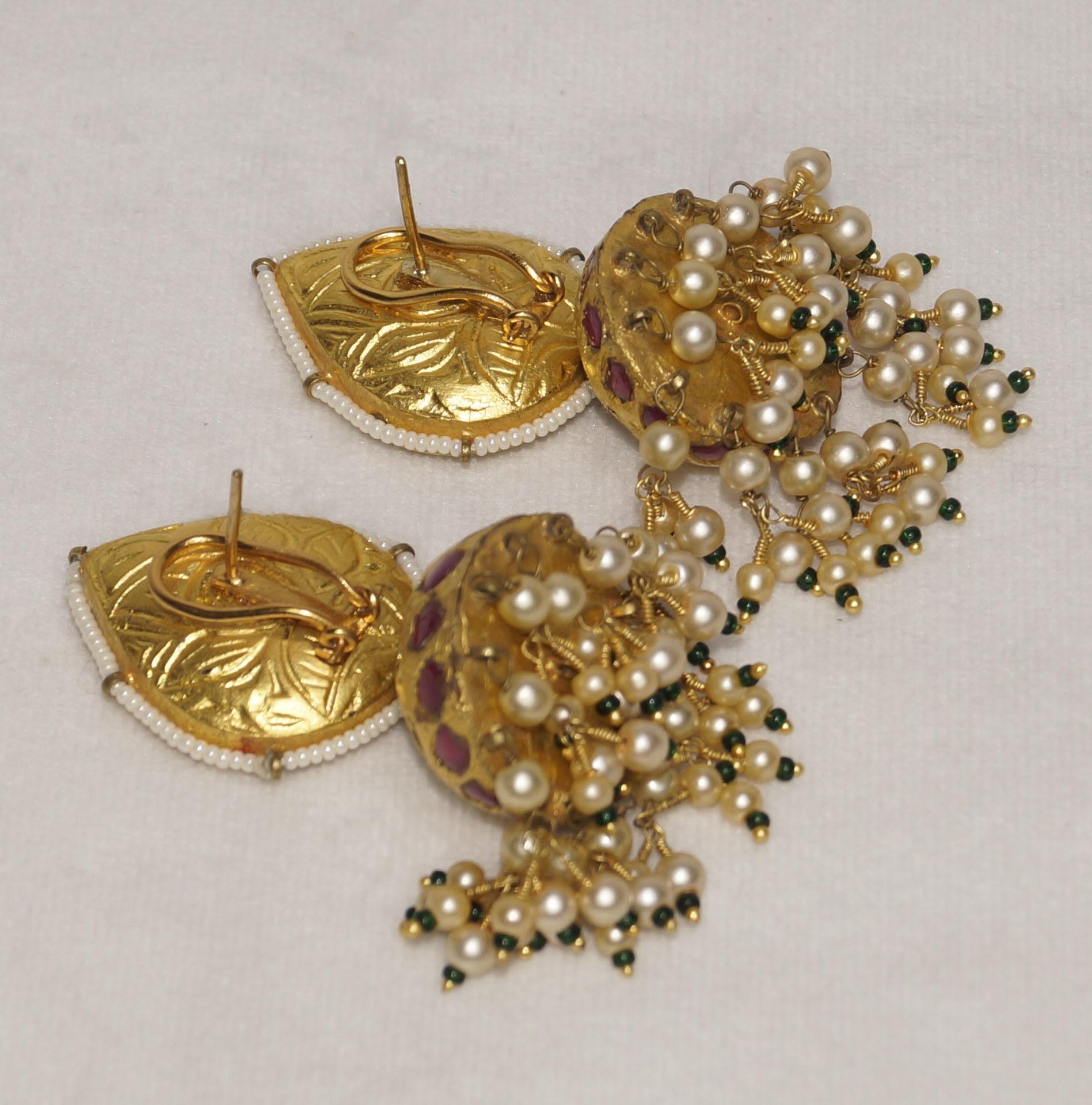 Art Deco 23k Gold and Diamond Polki Jhumki Earring Pair With Natural pearls and ruby