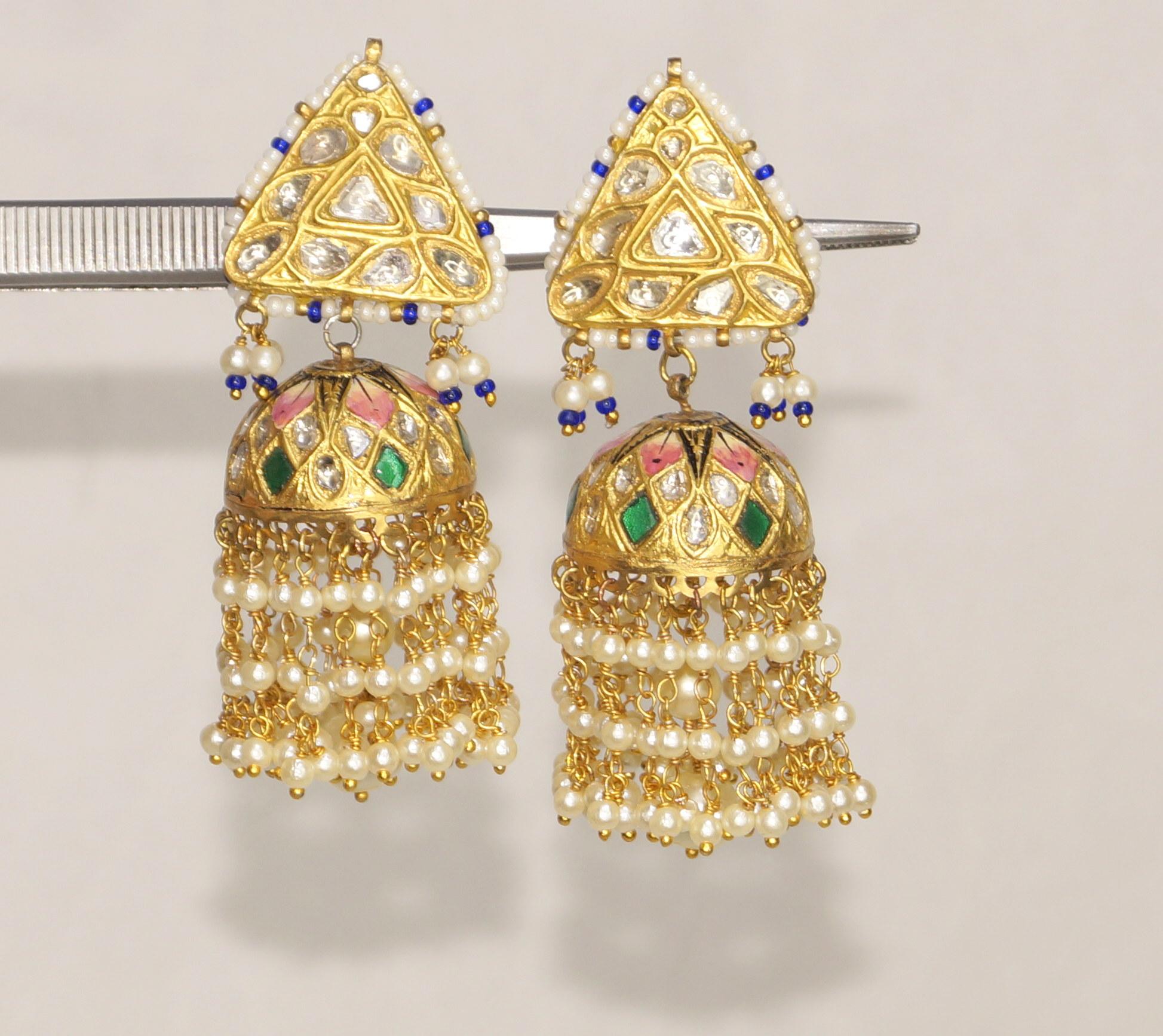 Art Deco 23k Gold and Diamond Polki Jhumki Earring Pair With Natural pearls ruby emerald