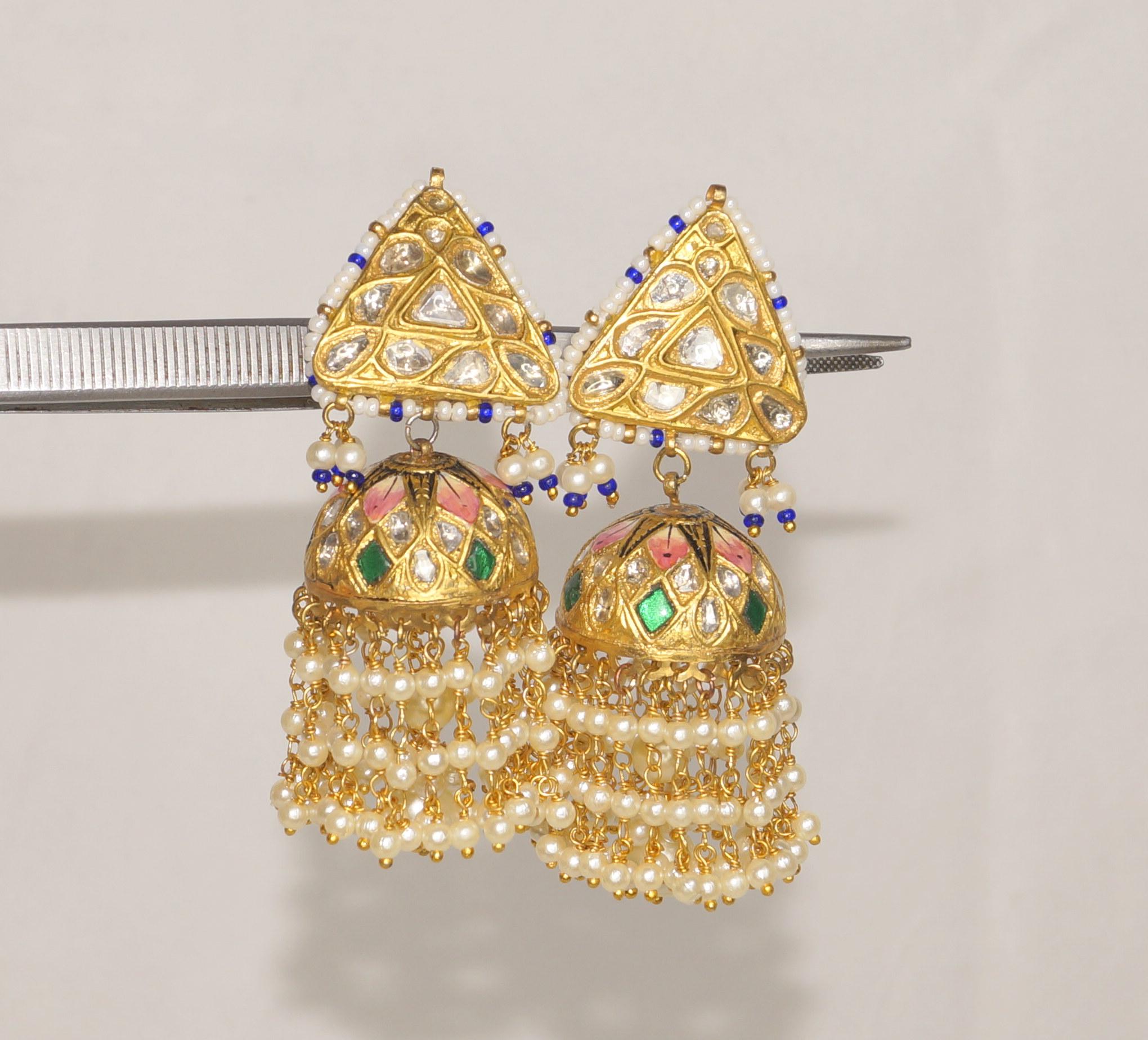 Uncut 23k Gold and Diamond Polki Jhumki Earring Pair With Natural pearls ruby emerald