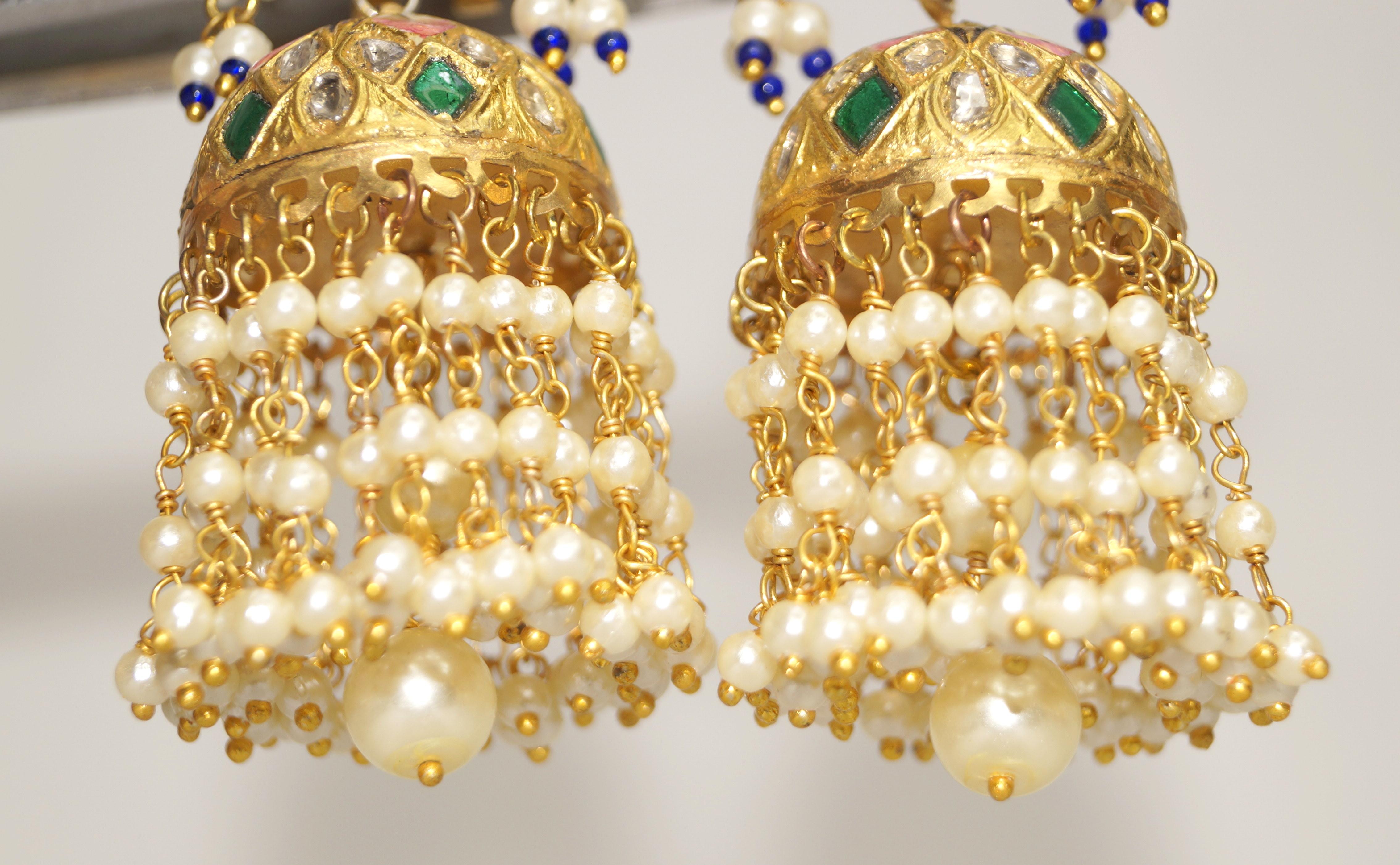 Women's or Men's 23k Gold and Diamond Polki Jhumki Earring Pair With Natural pearls ruby emerald