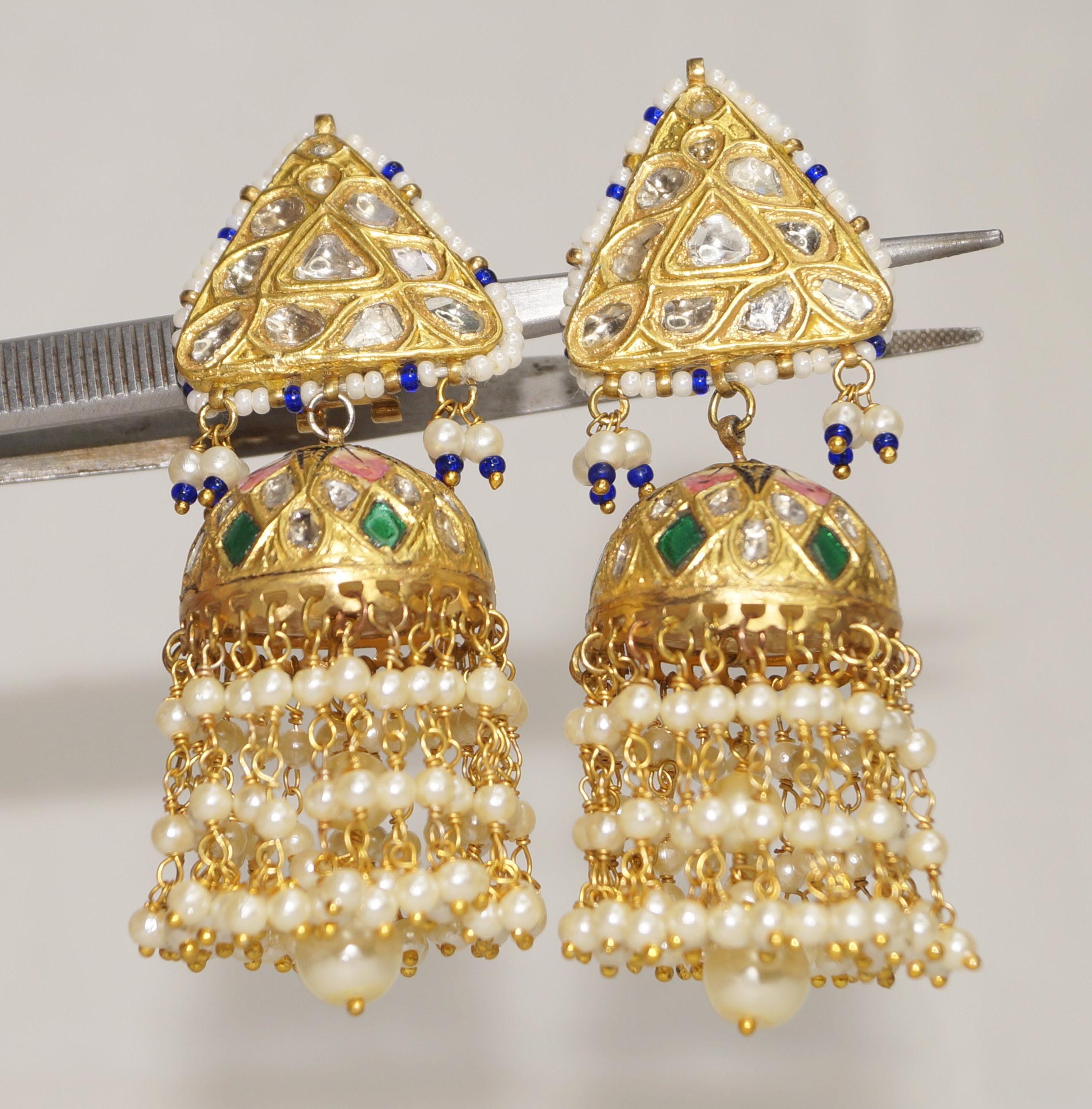 23k Gold and Diamond Polki Jhumki Earring Pair With Natural pearls ruby emerald 1