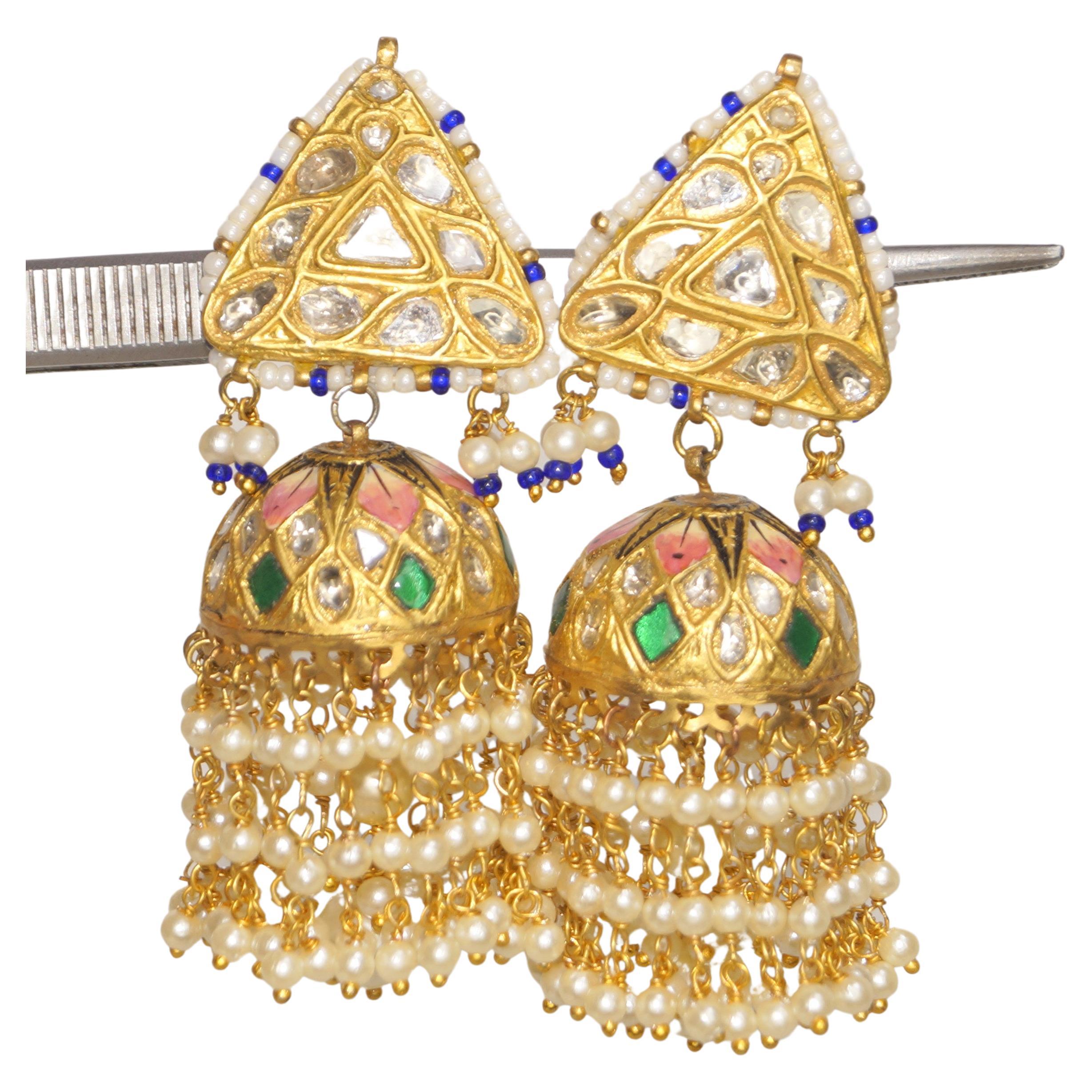 23k Gold and Diamond Polki Jhumki Earring Pair With Natural pearls ruby emerald
