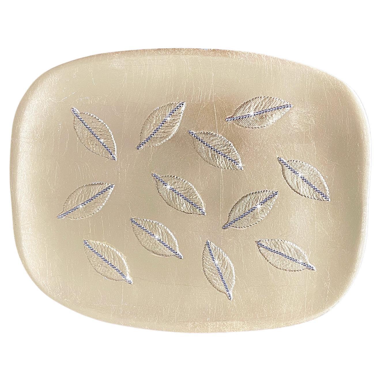 23K Gold Leaf Metal Tray Embossed Leaves with Crystal Trim For Sale