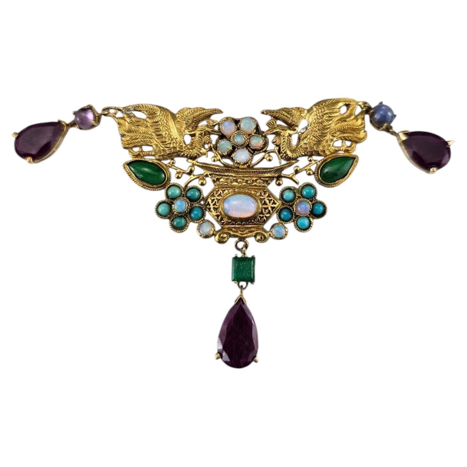 23K Yellow Gold and Gemstone Phoenix Design Brooch/Pin Certified #25063 For Sale