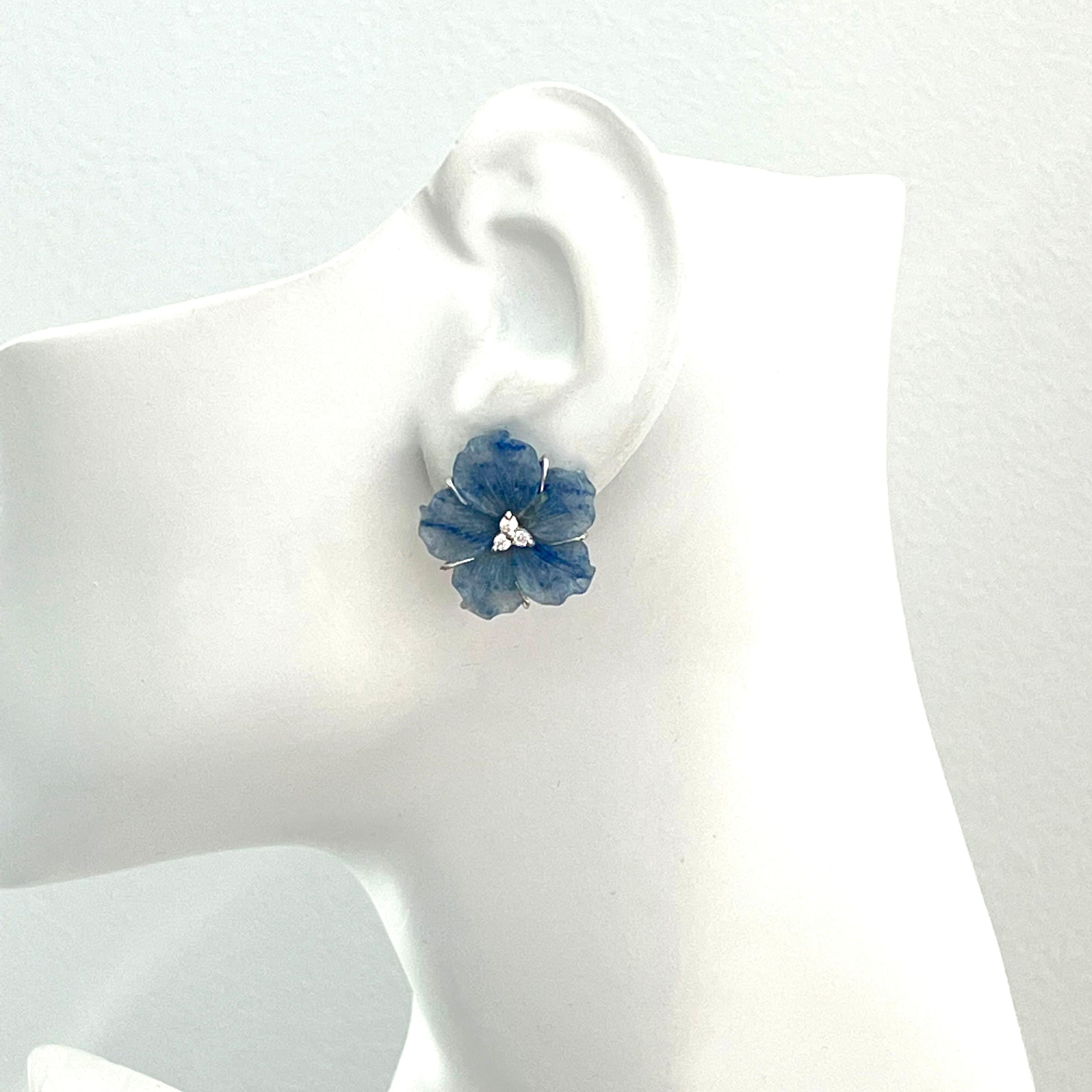 Women's 23mm Carved Blue Dumortierite Flower Earrings For Sale