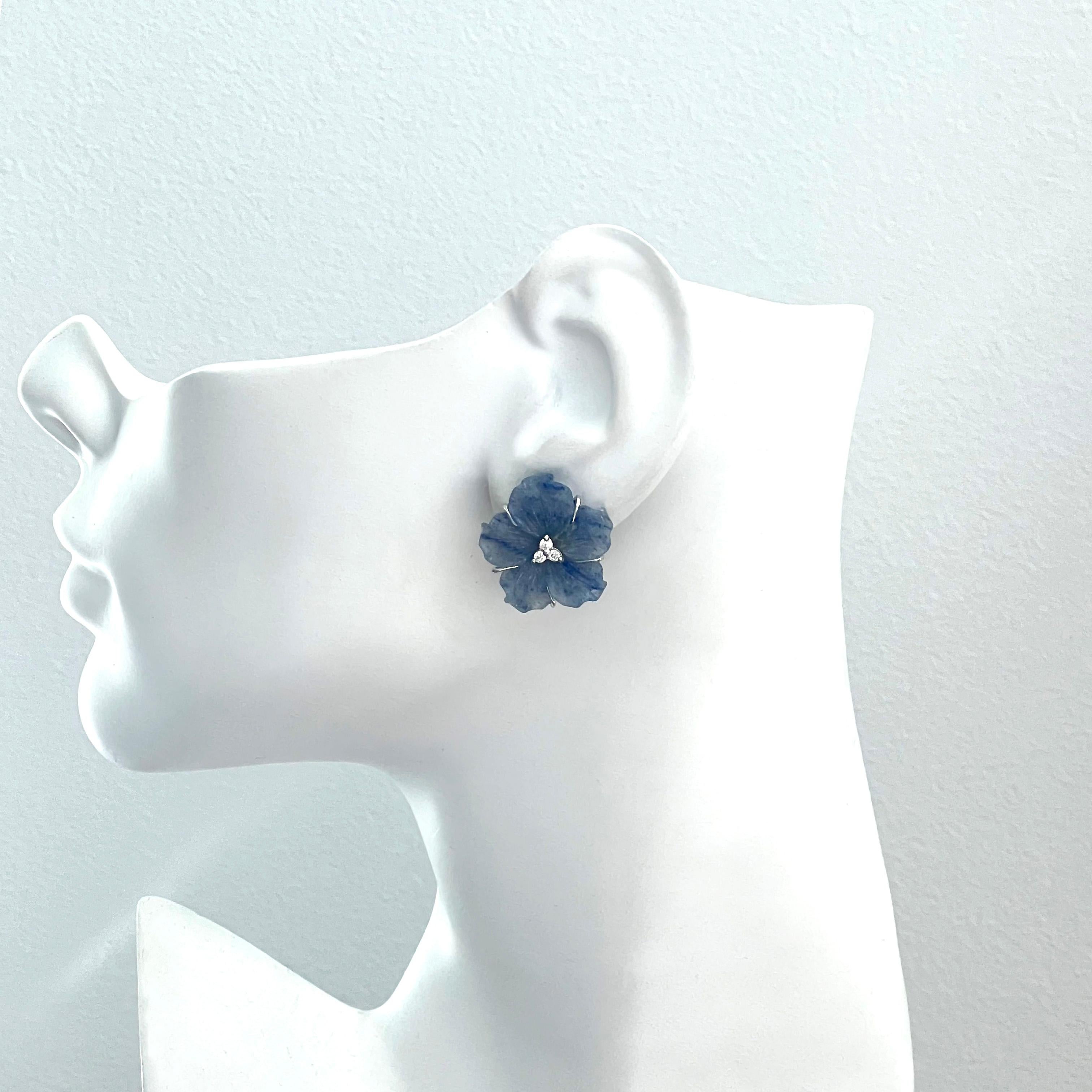 23mm Carved Blue Dumortierite Flower Earrings For Sale 1