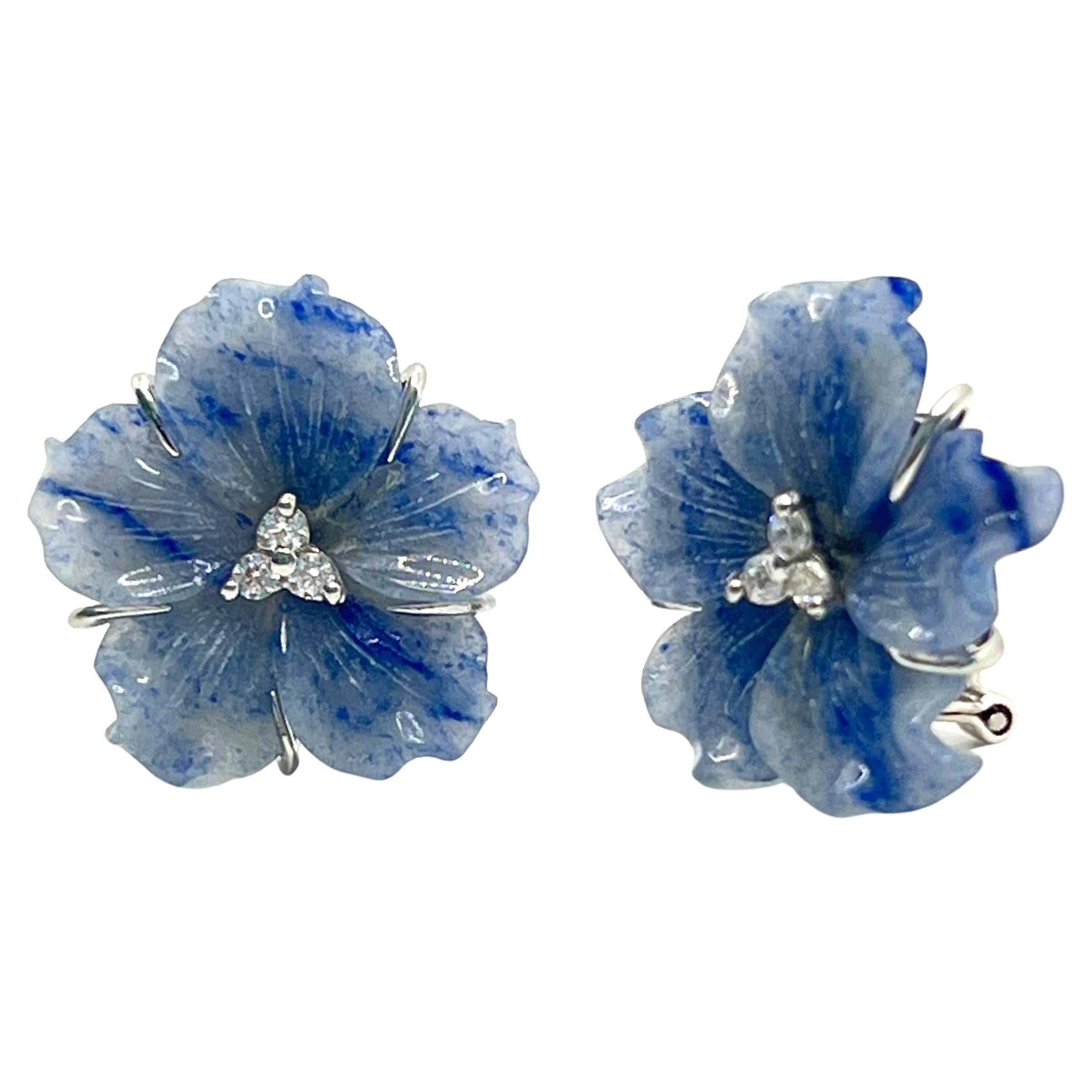 23mm Carved Blue Dumortierite Flower Earrings For Sale