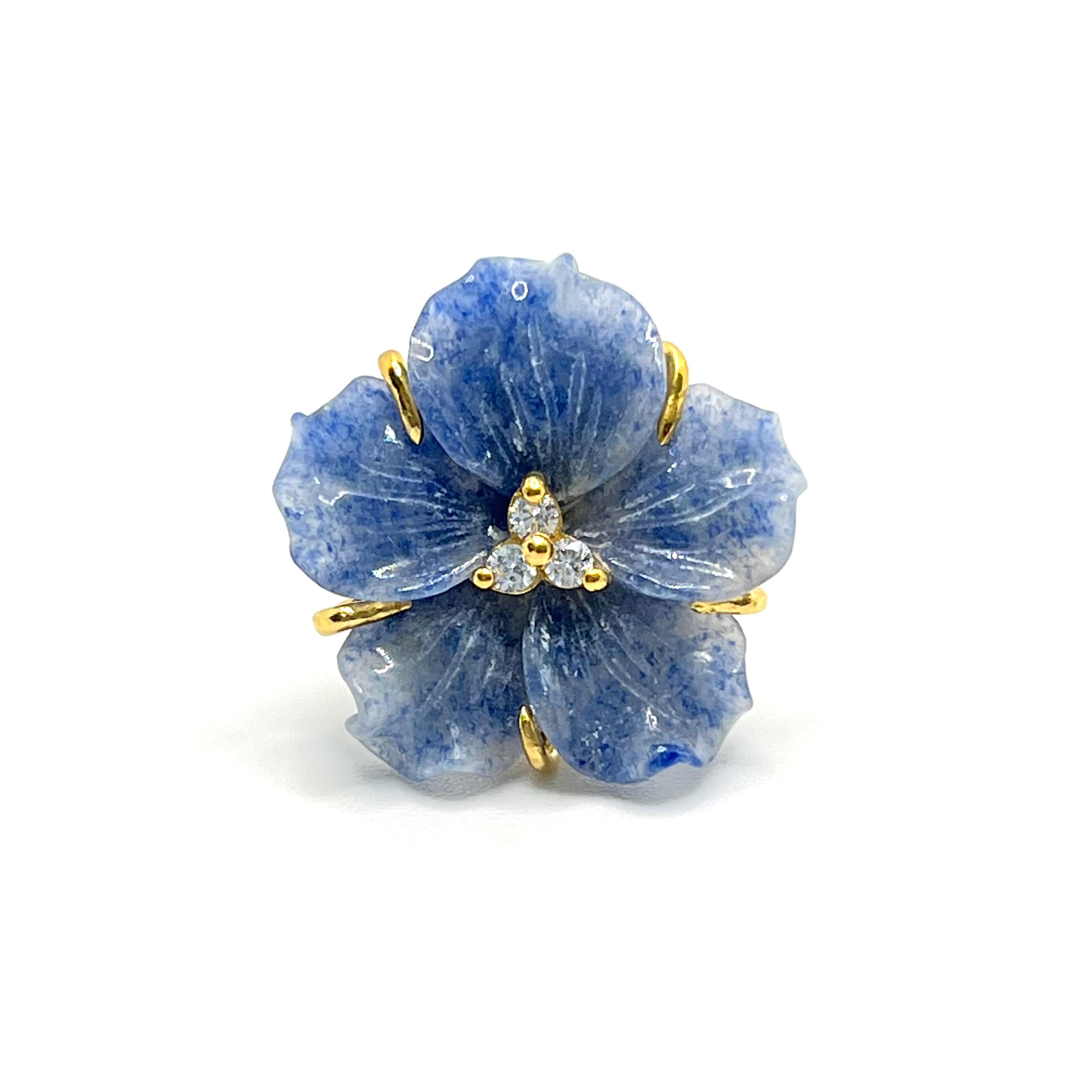 Artisan Boucles d'oreilles en Vermeil Fleur de Dumortierite sculptée 23mm