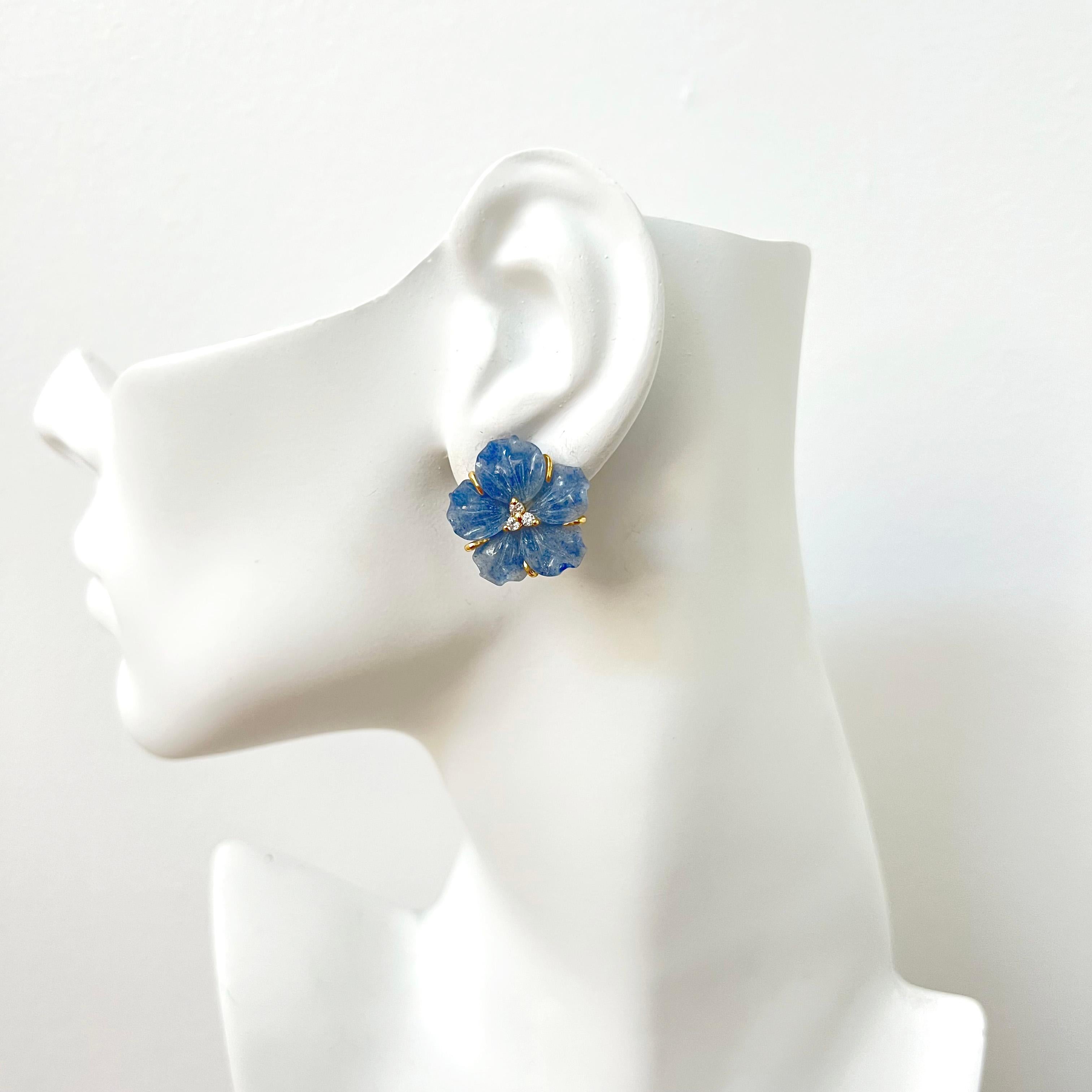 23mm Carved Dumortierite Flower Vermeil Earrings 2