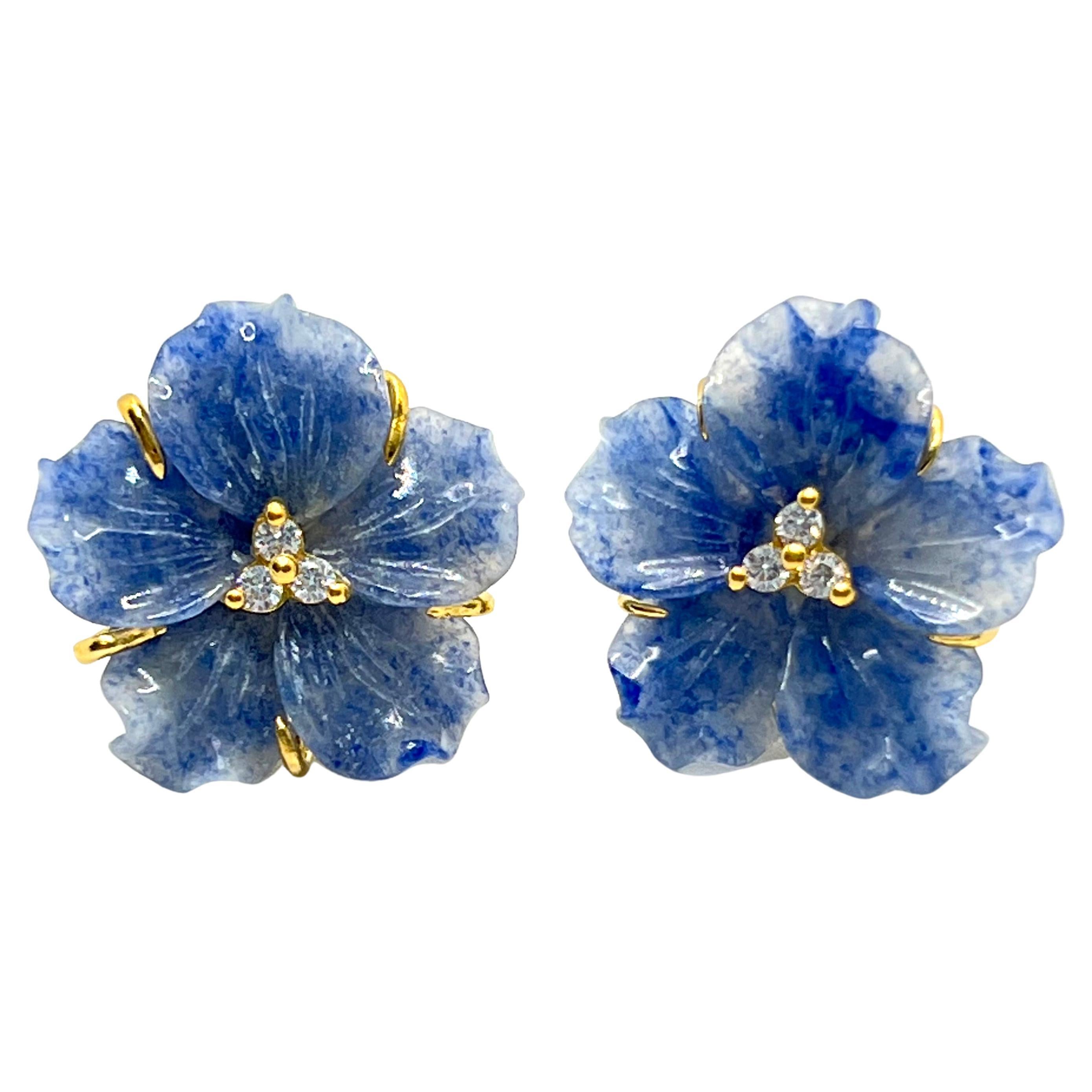 Boucles d
oreilles en Vermeil Fleur de Dumortierite sculptée 23mm