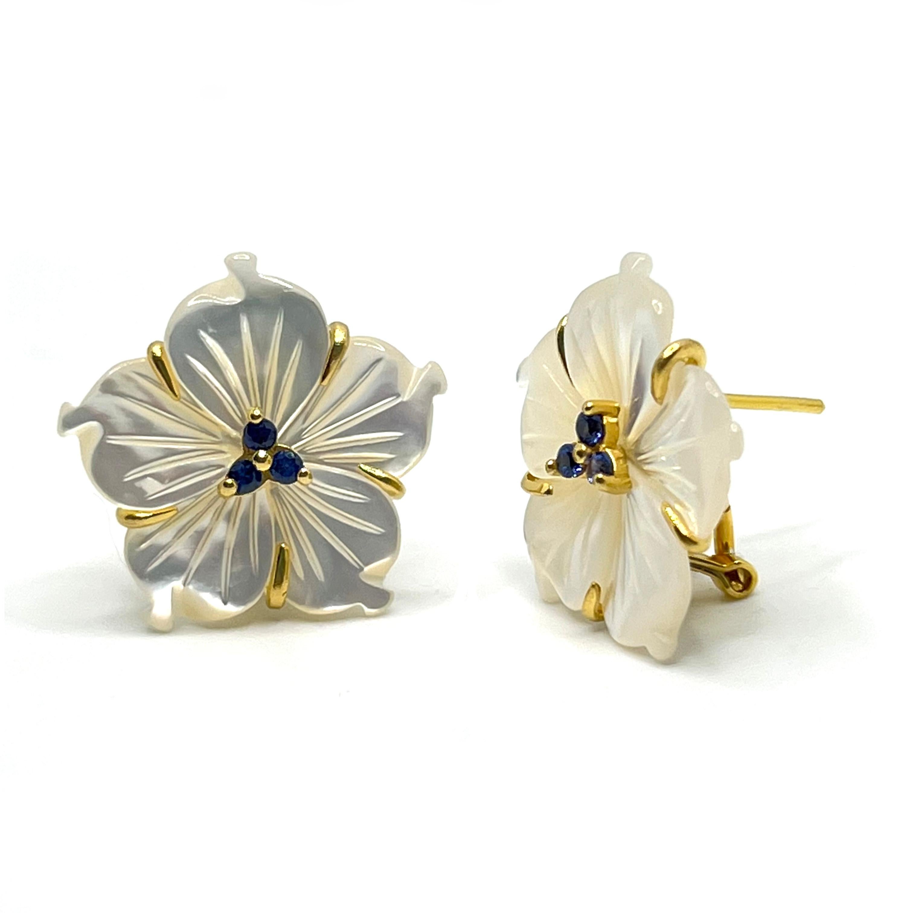 Artisan 23mm Carved Mother of Pearl Flower with Lab Sapphire Center Earrings For Sale