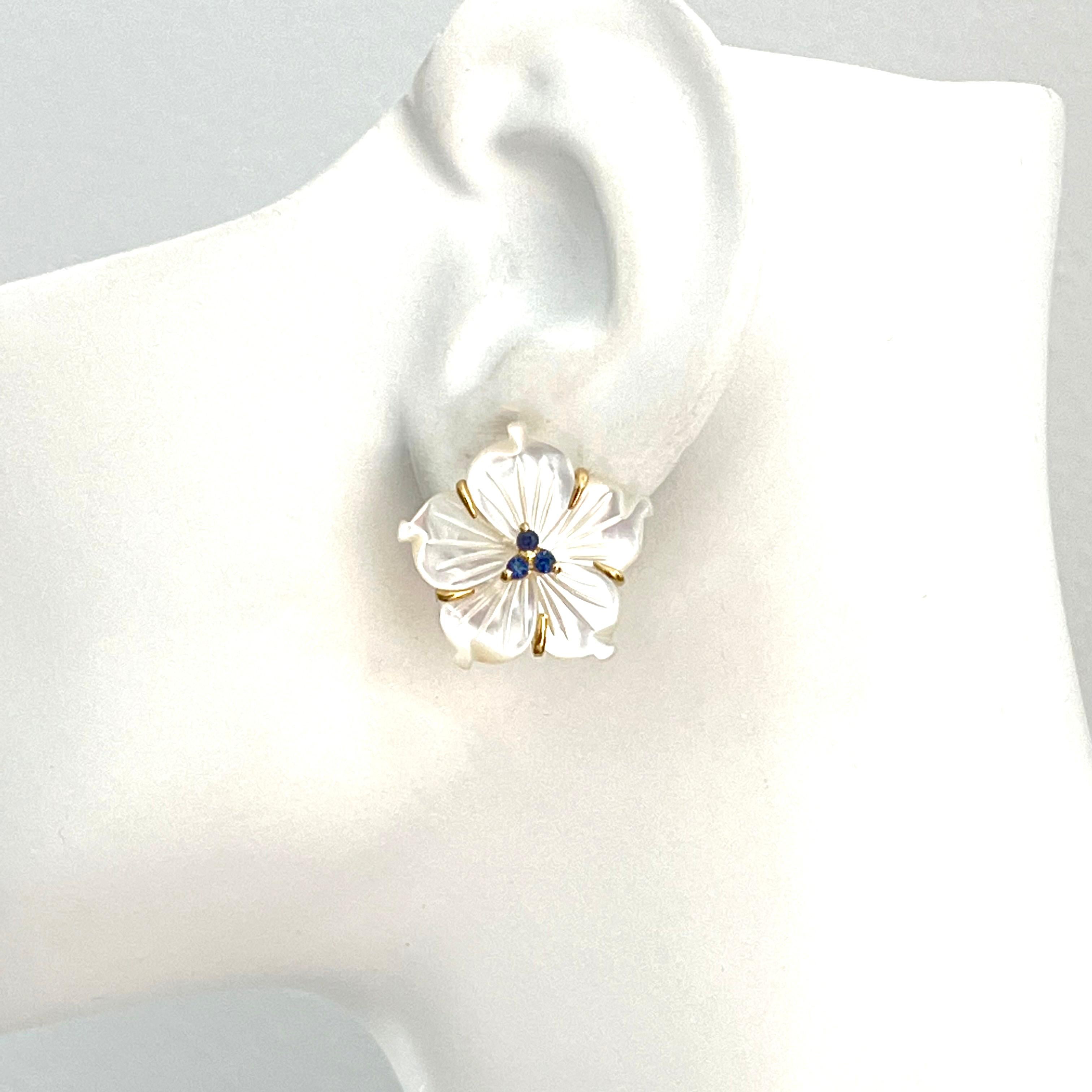 23mm Carved Mother of Pearl Flower with Lab Sapphire Center Earrings For Sale 1
