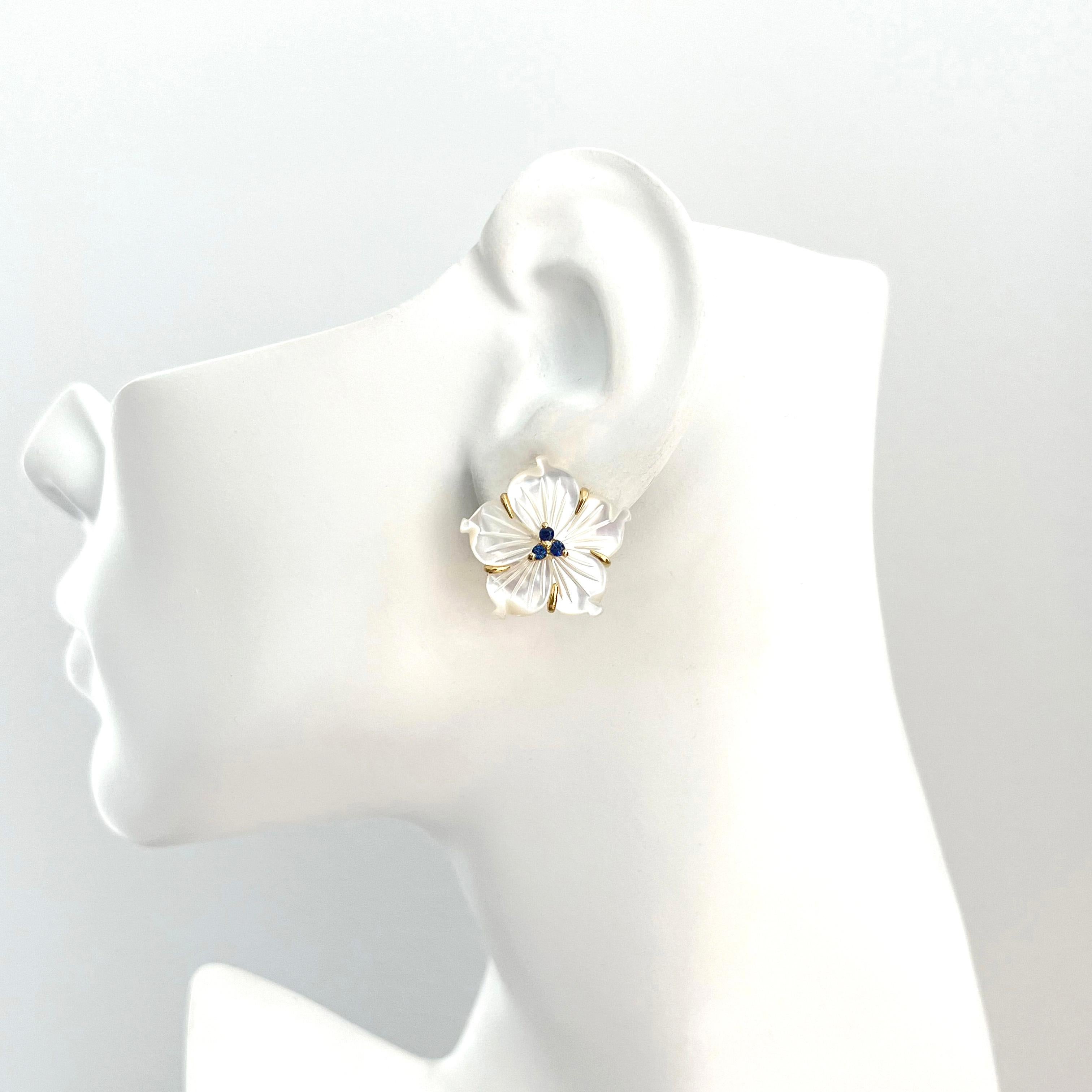 23mm Carved Mother of Pearl Flower with Lab Sapphire Center Earrings For Sale 2