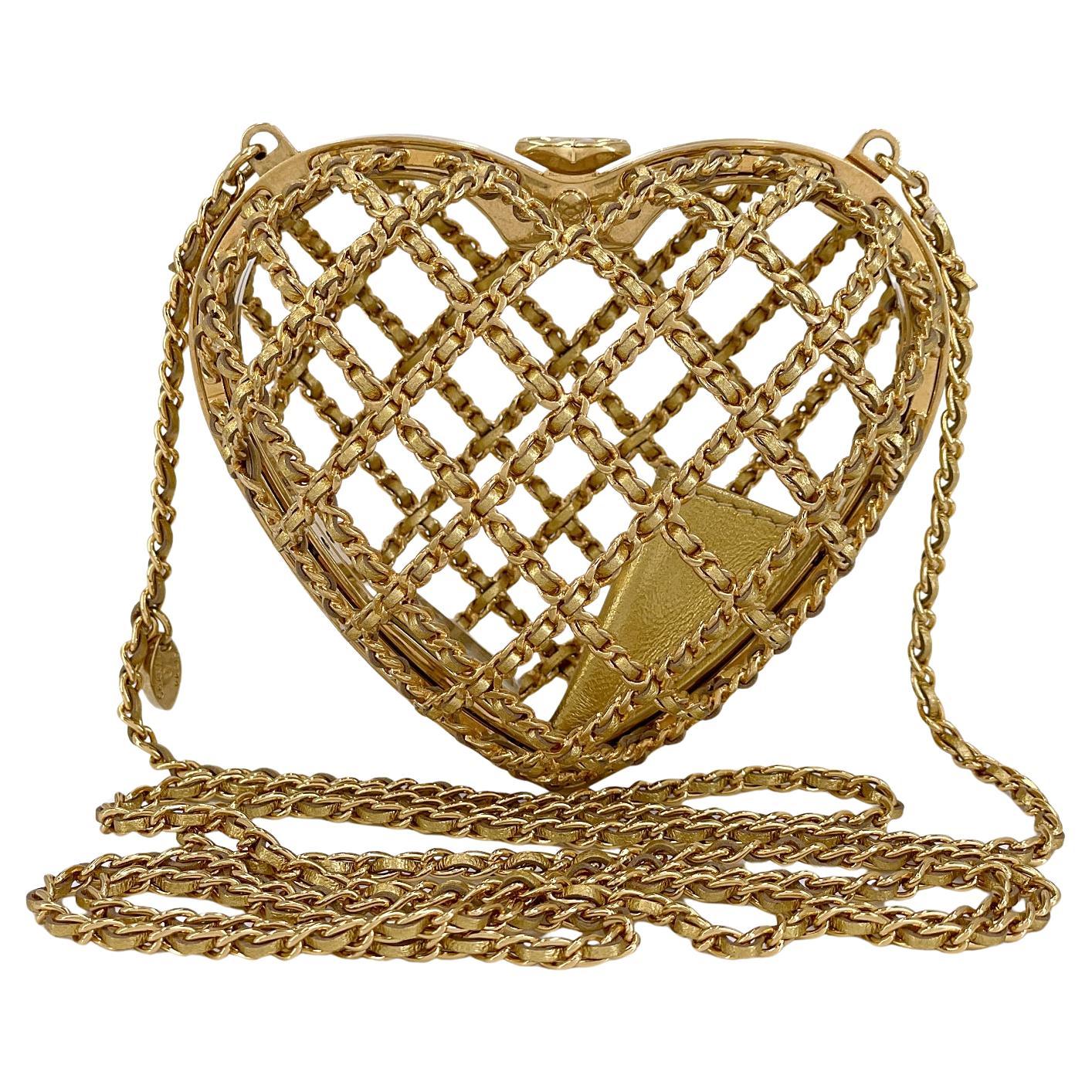 23S Chanel Caged Heart Minaudiere Evening Clutch Bag Gold Small 68434