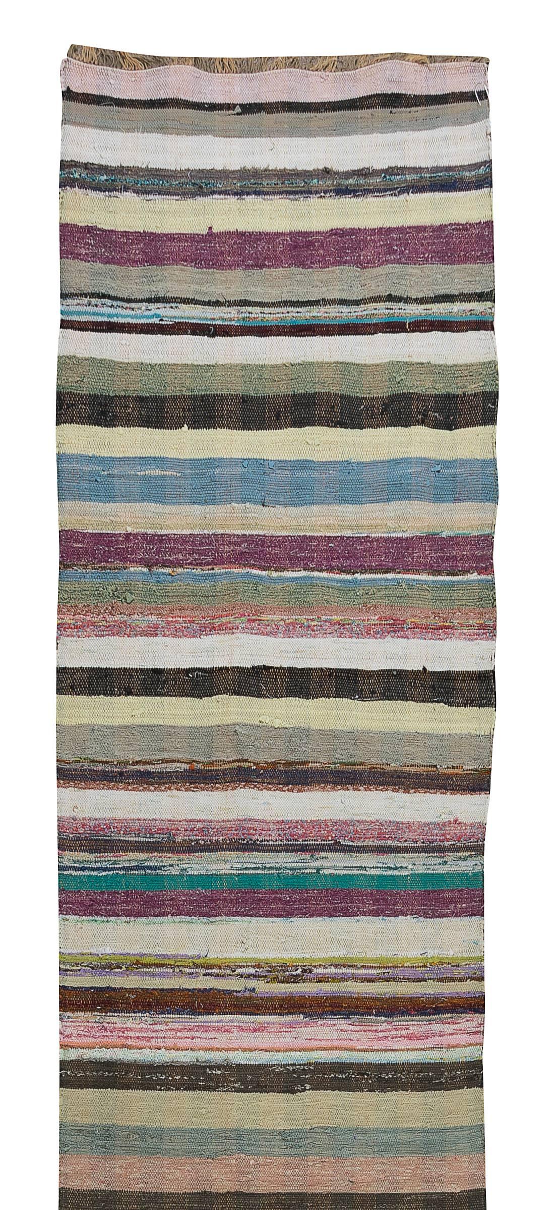 Hand-Woven 2.3x12.2 Ft Vintage Handmade Cotton Rag Rug, FlatWeave Kilim Runner (Adjustable) For Sale