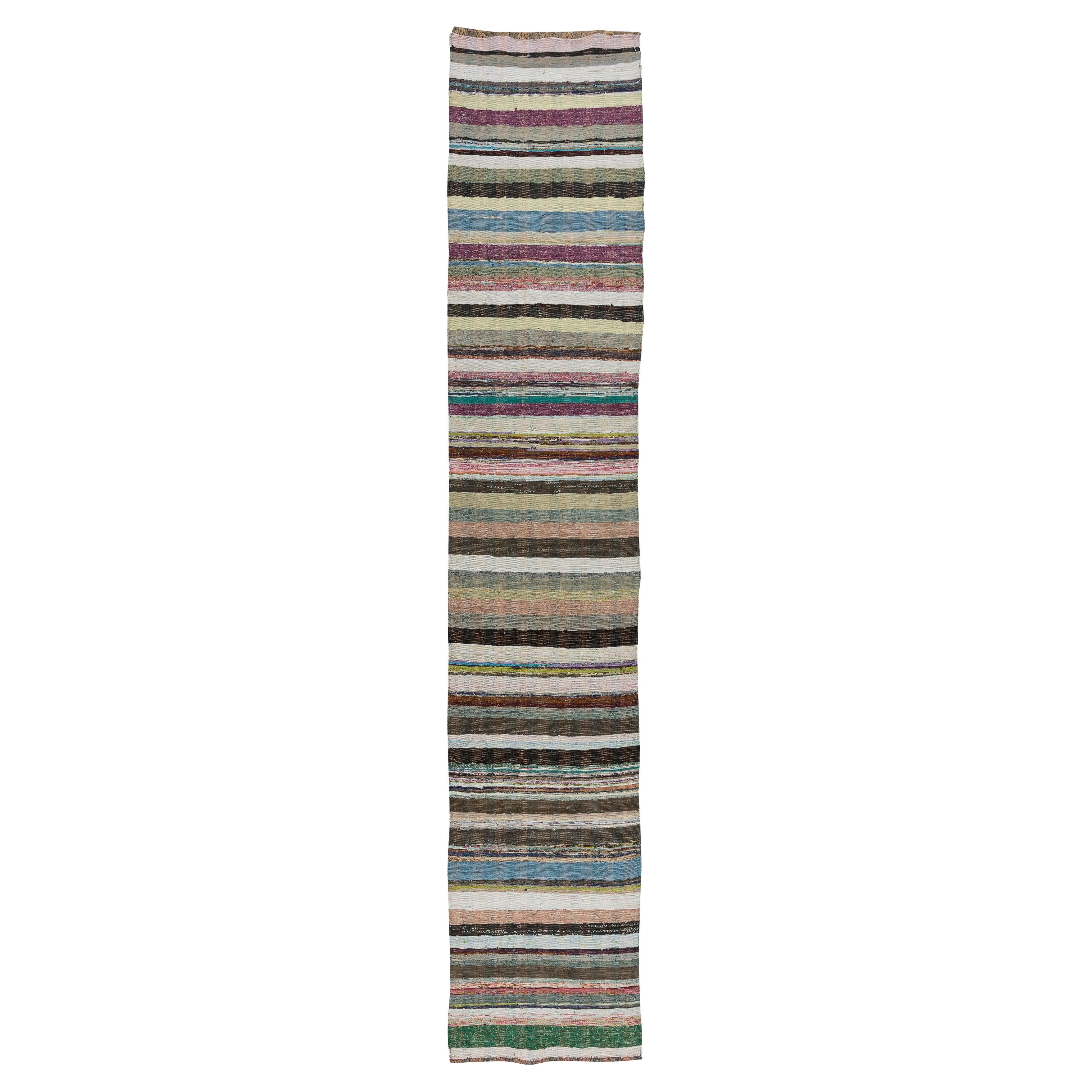 Handgefertigter Baumwoll- Rag-Teppich, Flachgewebe-Kelim-Läufer, 2,3x12.2 Fuß (verstellbar)