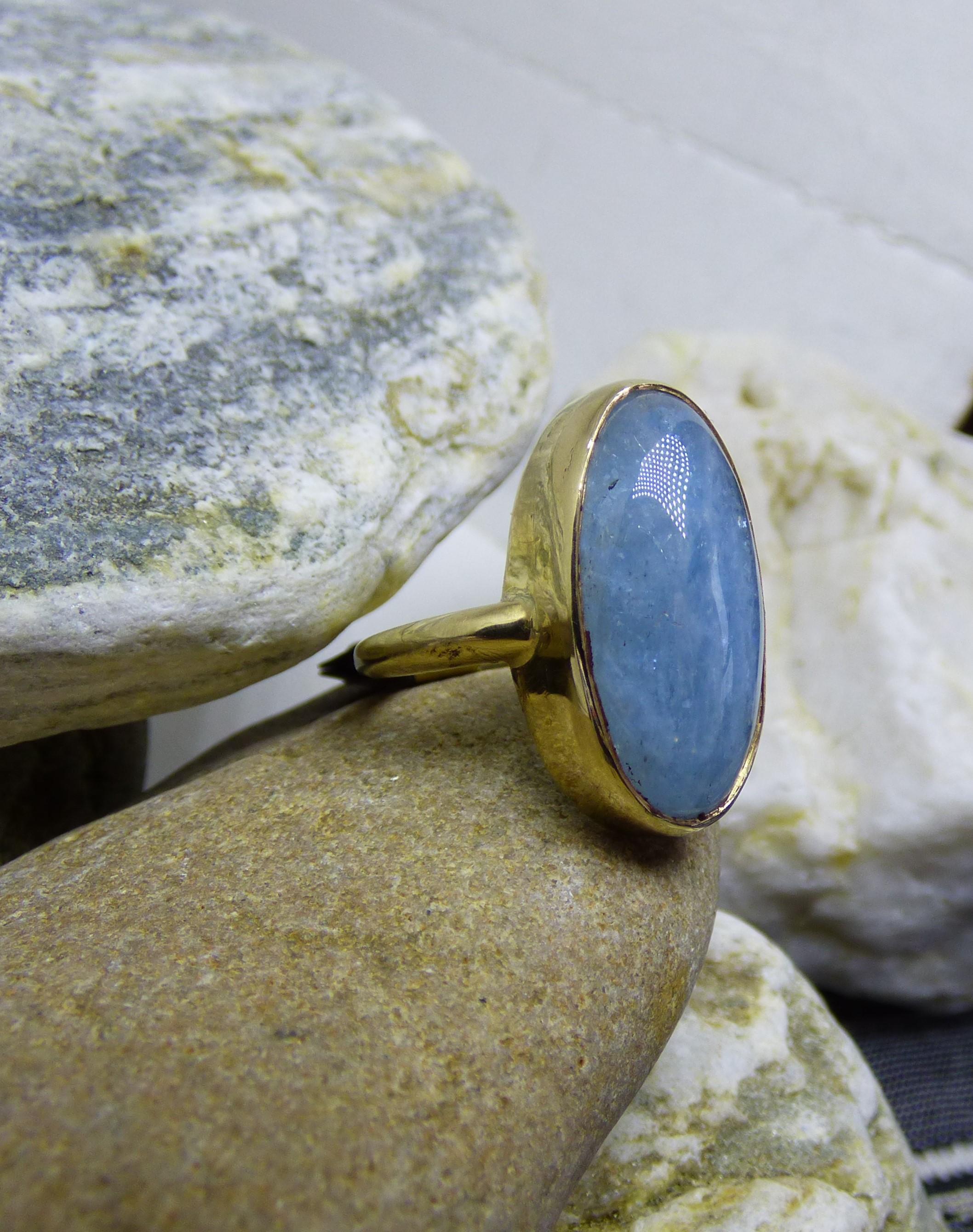 23X12mm Aquamarine Cabochon Set in 9ct. Gold Ring For Sale 1