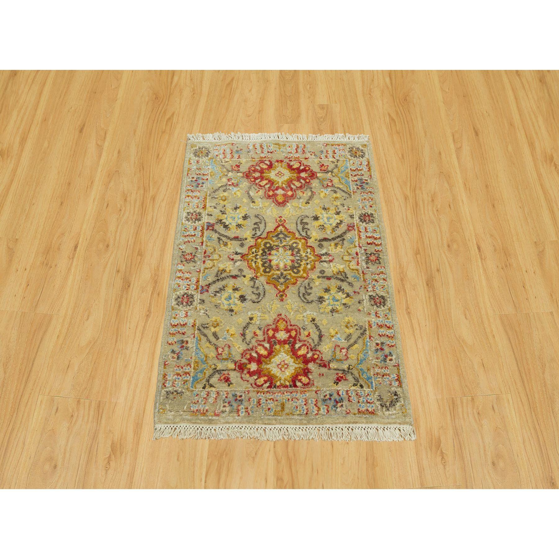 Parmesan  Beige, Wool and Pure Silk, The Sunset Rosettes with Vibrant Colors, Hand Knotted, Soft to Touch, Oriental Rug
Primary materials: Wool & Silk
Latex: No Pile 
height: 0.25 Inches
Style: Transitional
Primary color: Beige
Secondary colors: