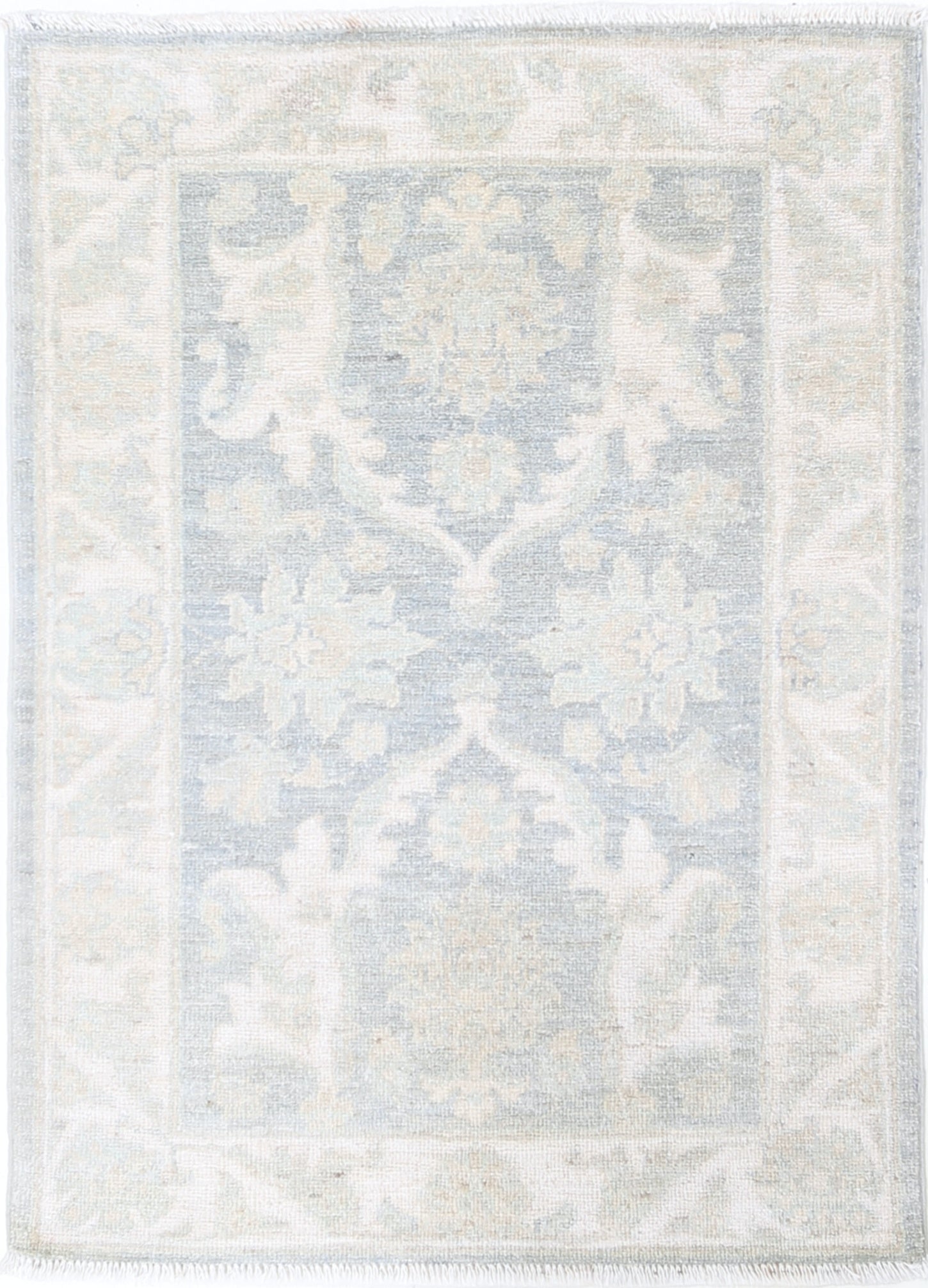 2.3x3 ft Hand Knotted Ivory, Light Blue Wool Area Rug with Floral Design