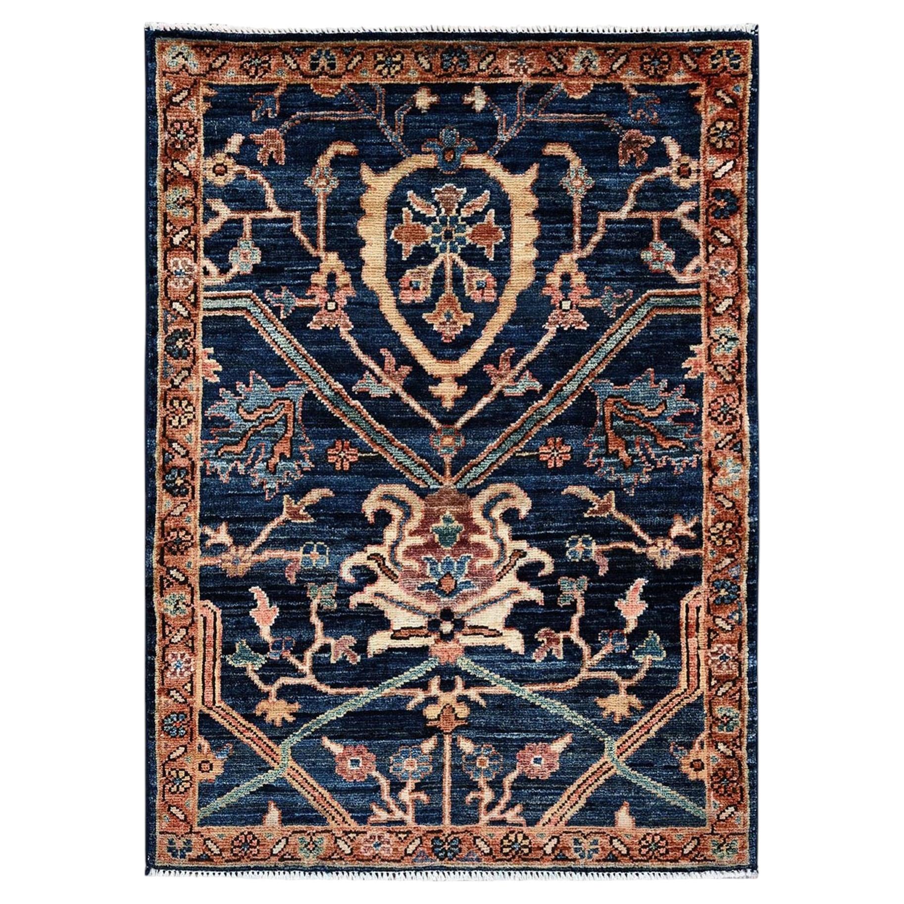 2'3"x3' Midnight Blue Heriz All Over Design Hand Knotted Soft Wool Mat Rug For Sale