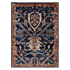 2'3"x3' Midnight Blue Heriz All Over Design Hand Knotted Soft Wool Mat Rug