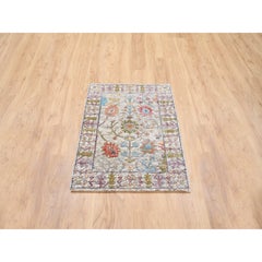 2'3"x3'2" Beige, Silk With Textured Wool, Hand Knotted, Oriental, Mat Rug