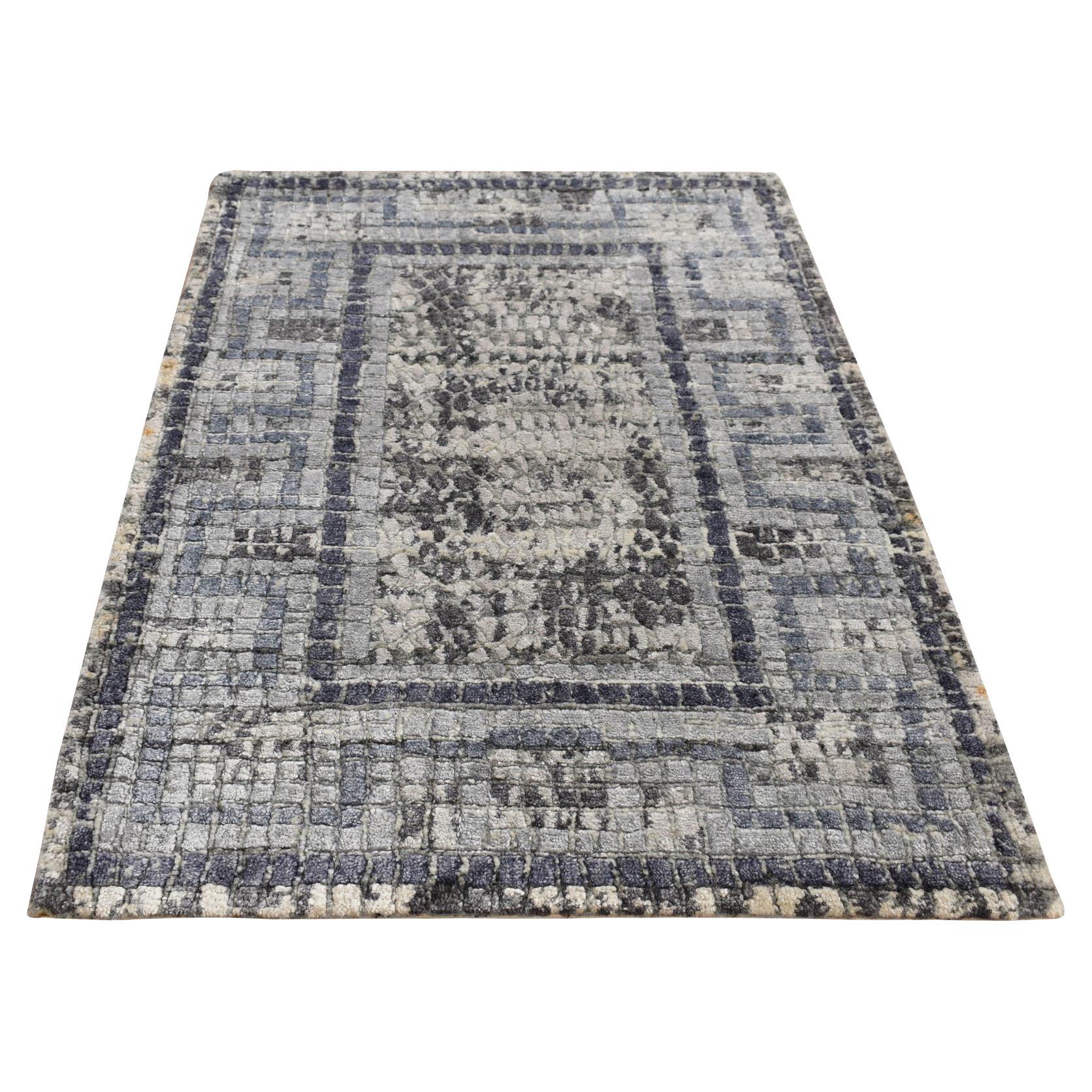 2
3"x3
2" Cloud Gray, Silken, Roman Mosaic Design, Hand Knotted, Sample Rug For Sale