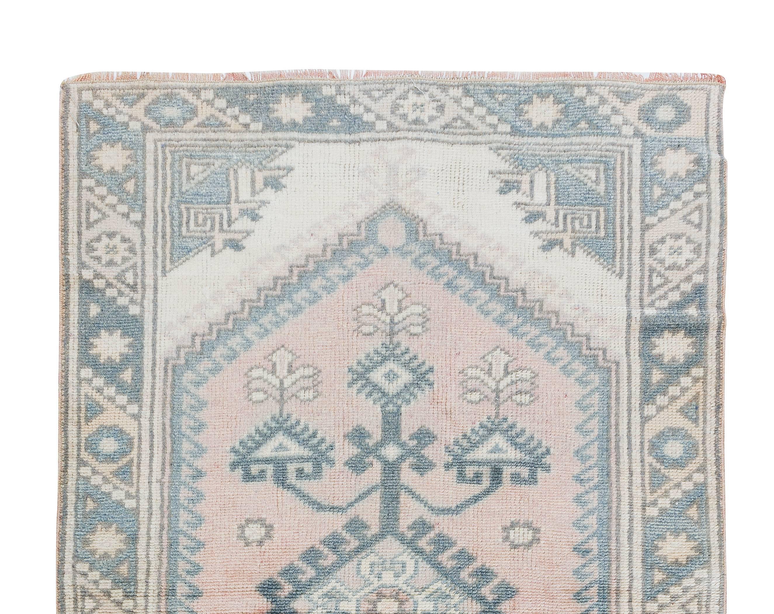 Hand-Knotted 2.3x3.8 Ft Vintage Handmade Geometric Turkish Accent Rug in Soft Colors For Sale