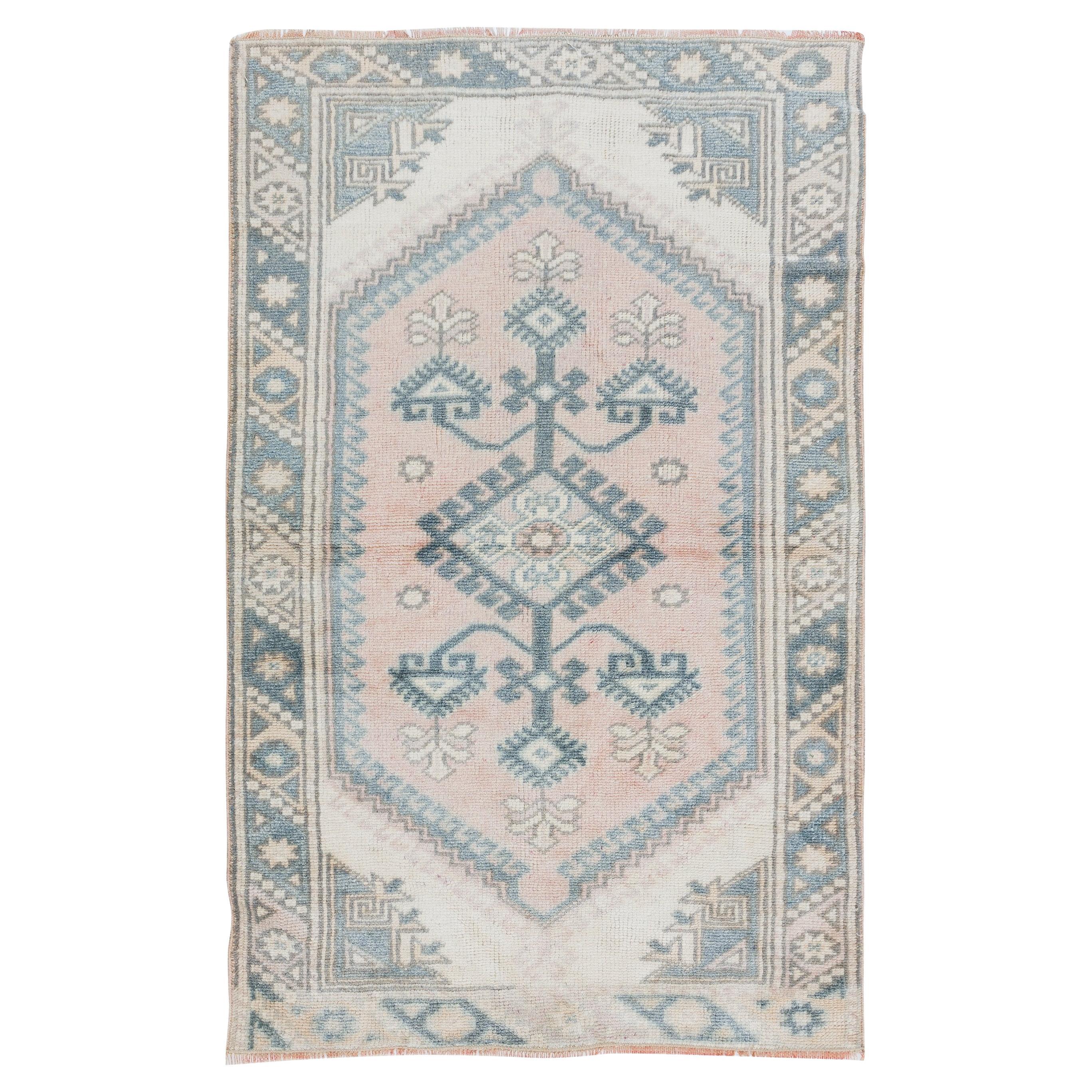 2.3x3.8 Ft Vintage Handmade Geometric Turkish Accent Rug in Soft Colors For Sale