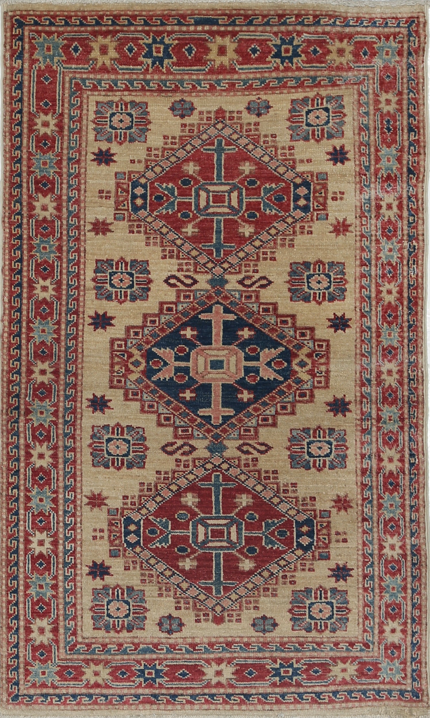2.3x4 ft Hand Knotted Ivory, Red, Blue Wool Area Rug. Geometric Medallion Design