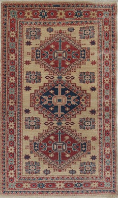 2.3x4 ft Hand Knotted Ivory, Red, Blue Wool Area Rug. Geometric Medallion Design