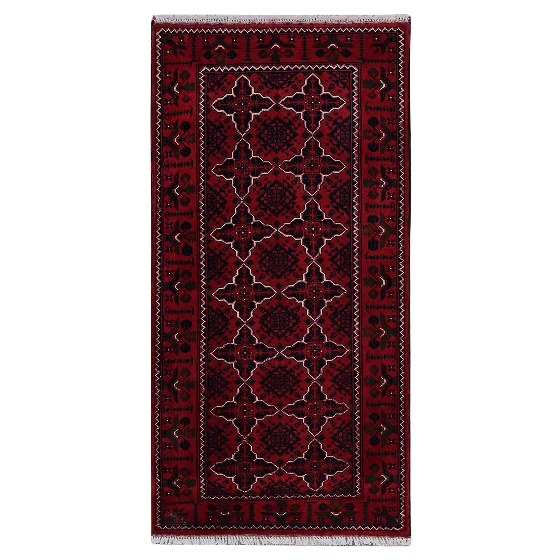 2
3"x4
6" Red Afghan Khamyab with Geometric Pattern Hand Knotted Wool Runner Rug For Sale