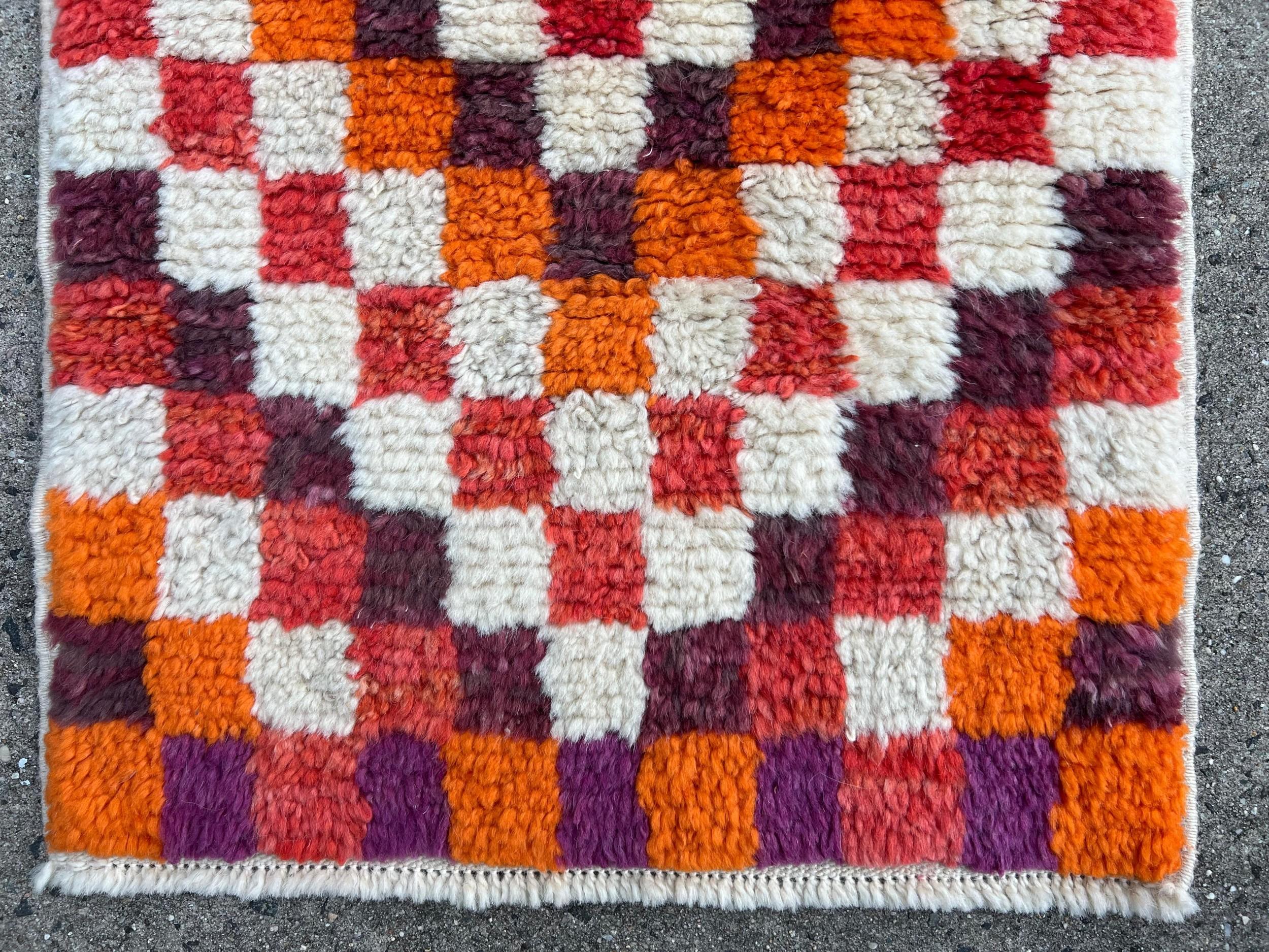 Turkish 23x54 in Vintage Handmade Tulu Rug with Checkered Design. Custom Options Availab For Sale
