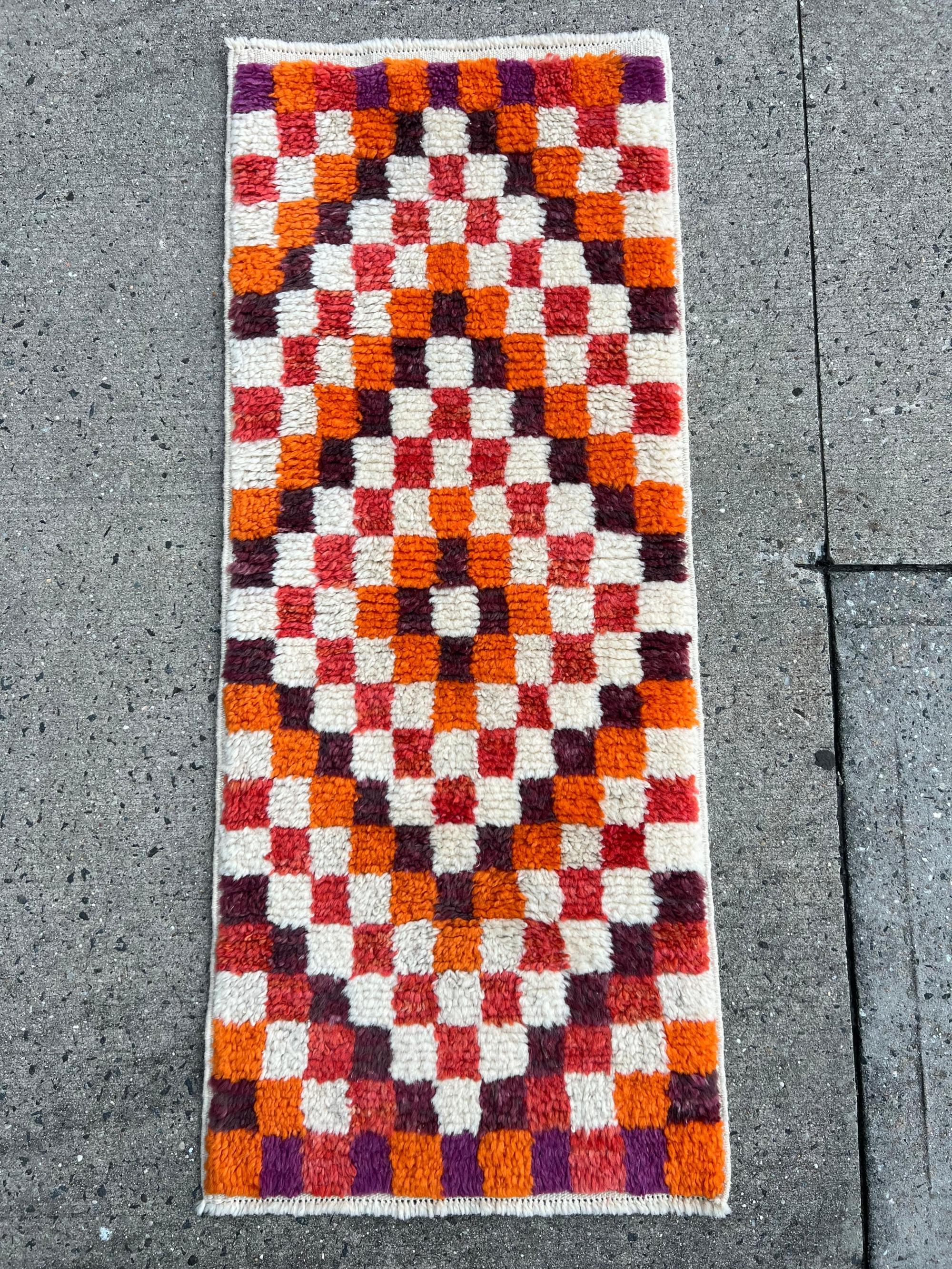 Hand-Knotted 23x54 in Vintage Handmade Tulu Rug with Checkered Design. Custom Options Availab For Sale