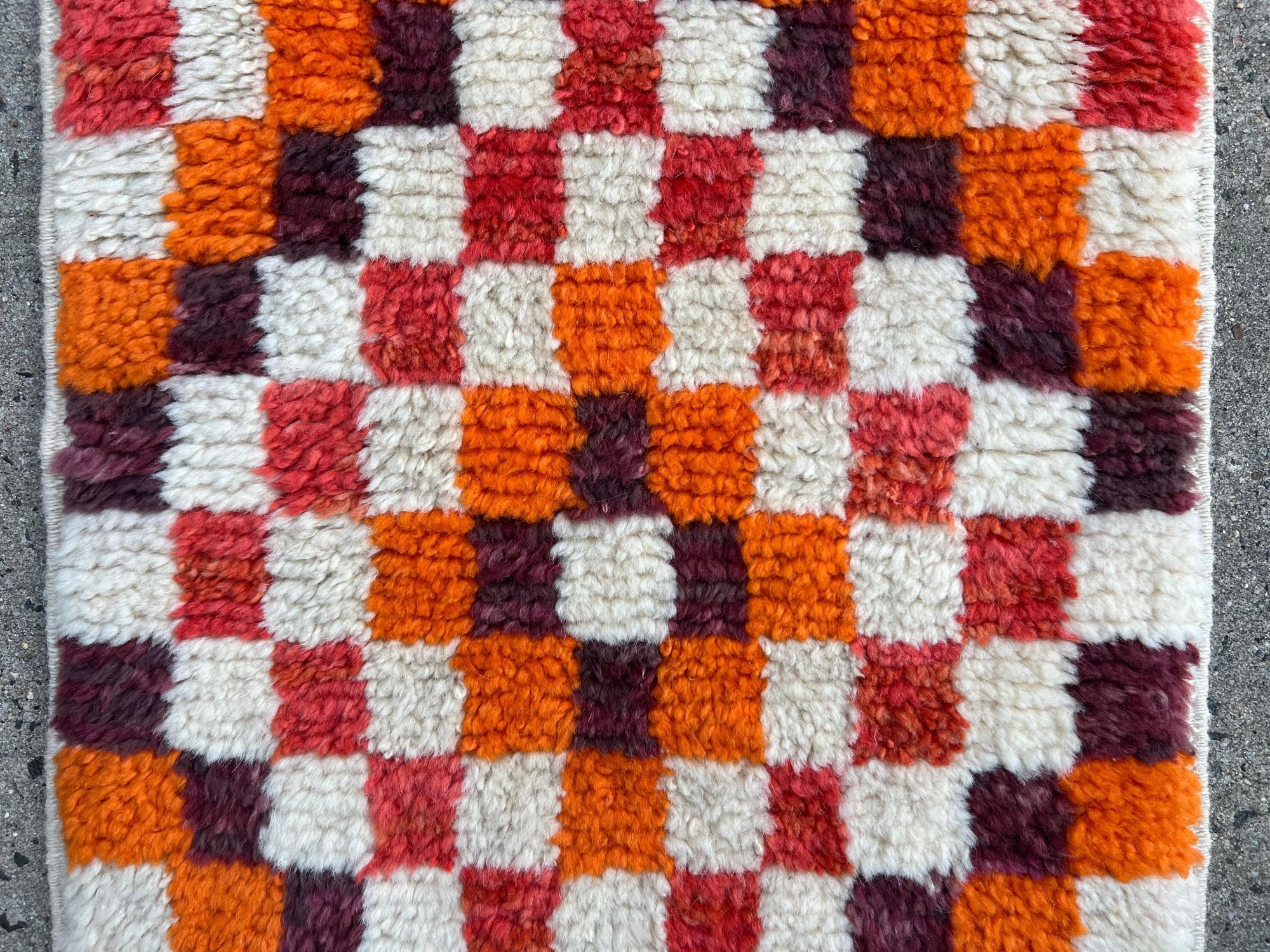 23x54 in Vintage Handmade Tulu Rug with Checkered Design. Custom Options Availab In Good Condition For Sale In Spring Valley, NY