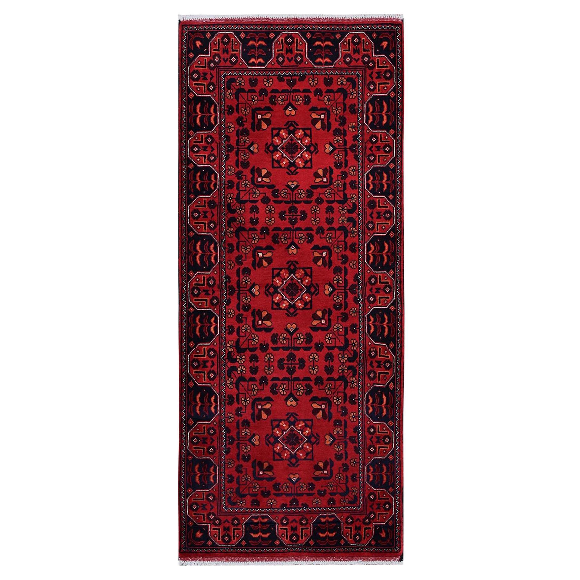 2
3"x5
4" Red Afghan Khamyab Geometric Pattern Hand Knotted Soft Wool Runner Rug For Sale