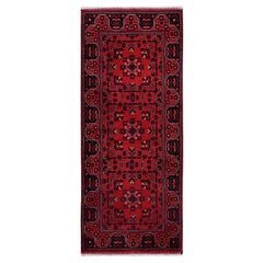 2
3"x5
4" Red Afghan Khamyab Geometric Pattern Hand Knotted Soft Wool Runner Rug