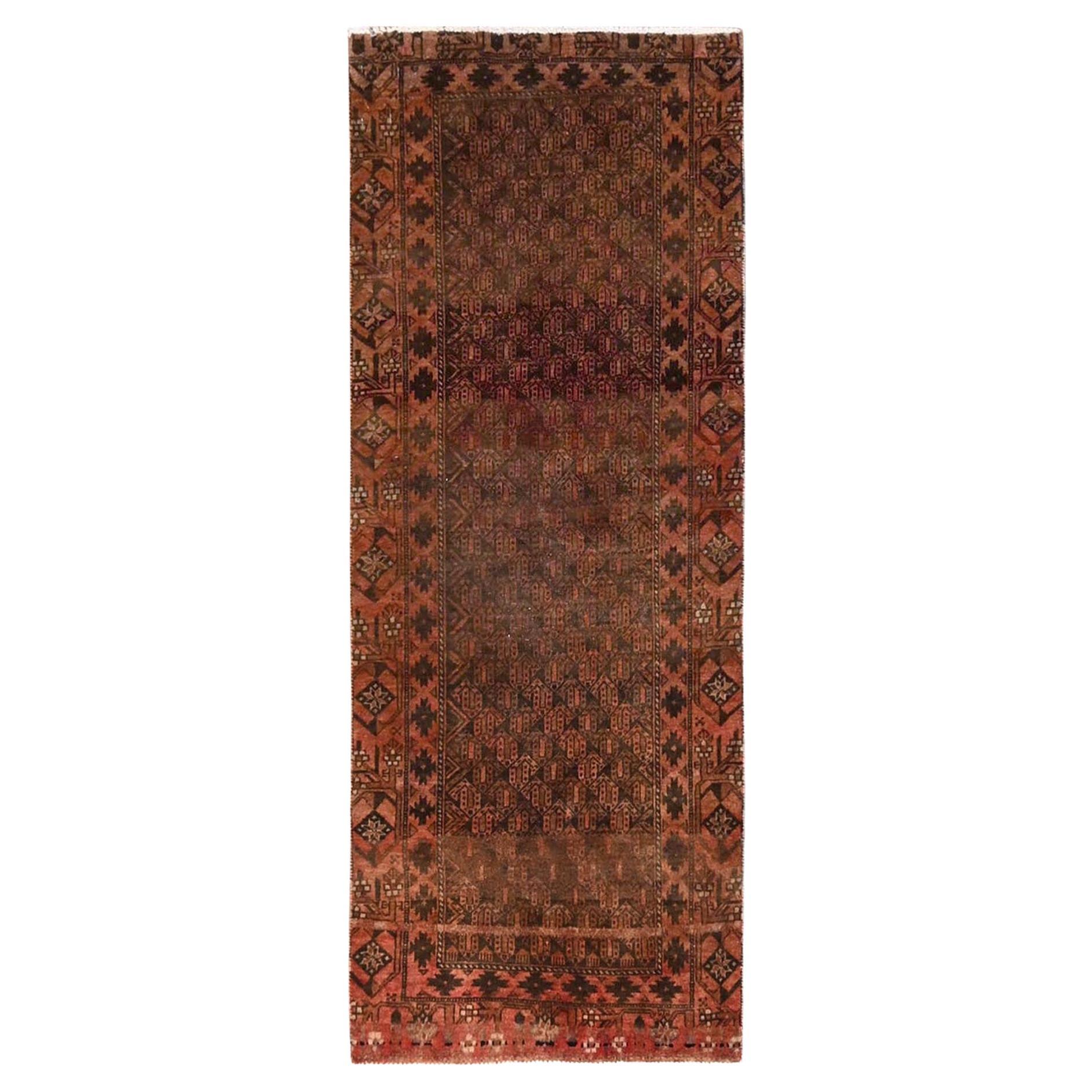 2
3"x5
6" Amber Brown Vintage Persian Baluch Hand Knotted Pure Wool Runner Rug