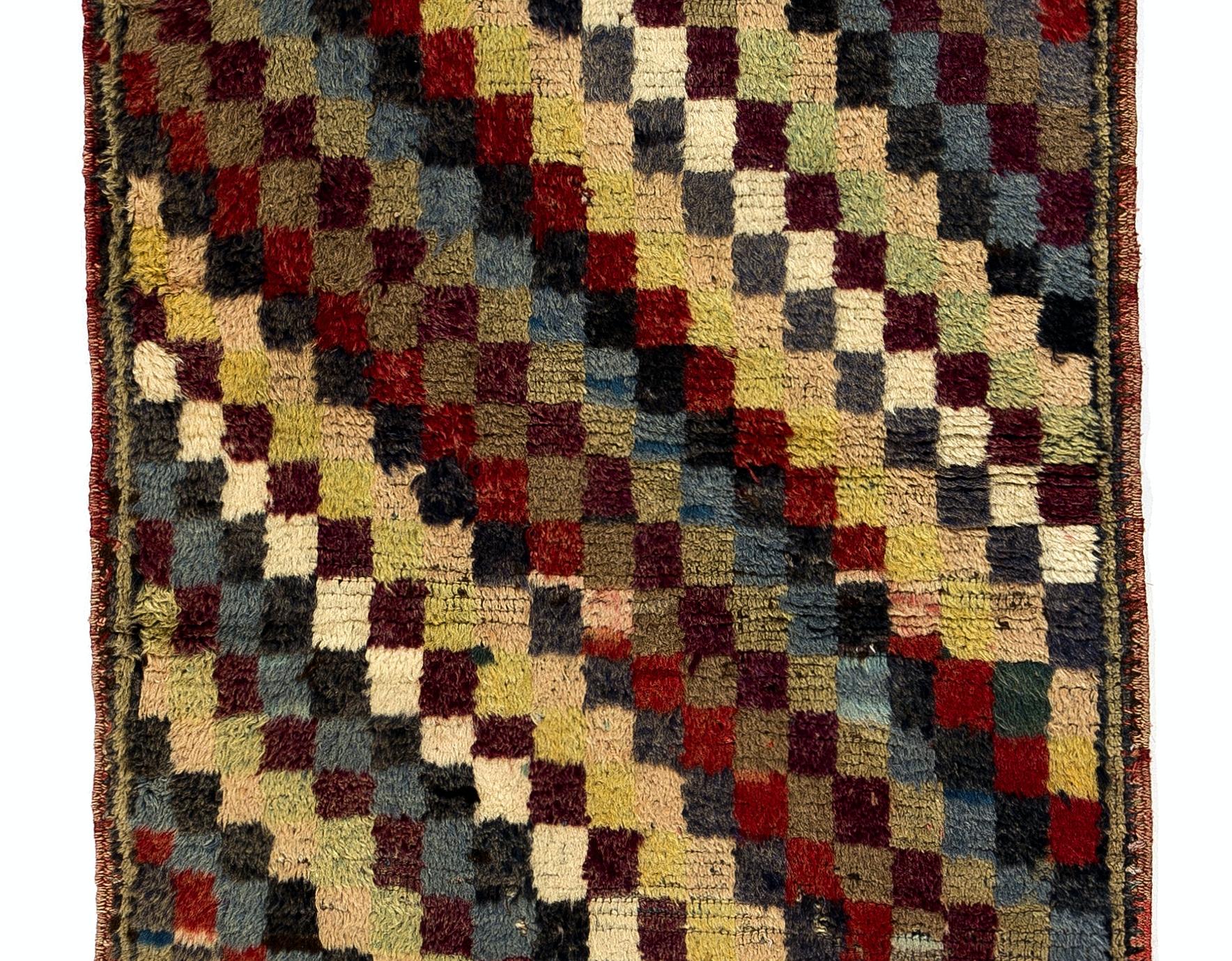 Mid-Century Modern 2.3x5.8 Ft Chequered Mid-Century Handmade Turkish Tulu Runner Rug, 100% Wool For Sale