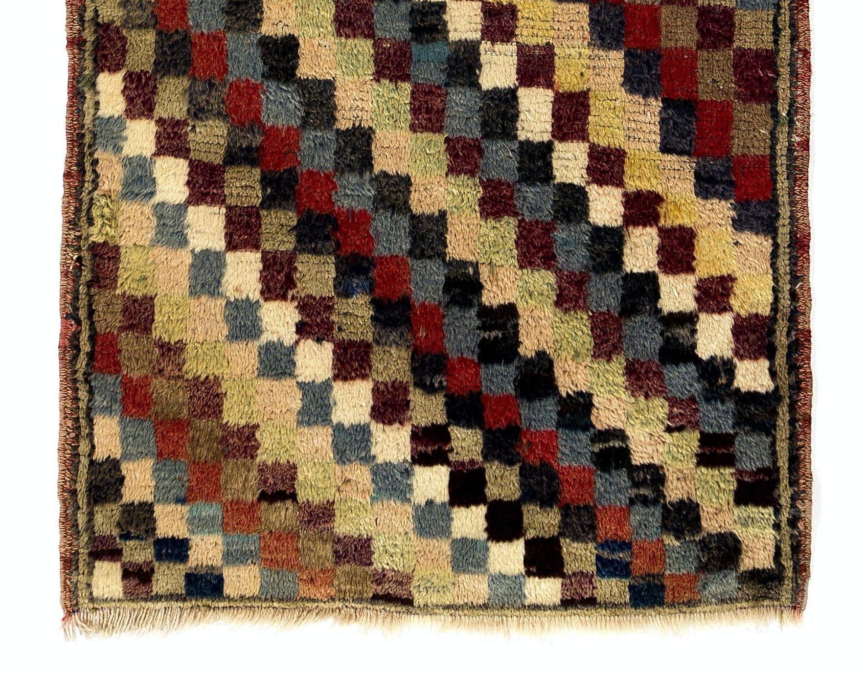 Hand-Knotted 2.3x5.8 Ft Chequered Mid-Century Handmade Turkish Tulu Runner Rug, 100% Wool For Sale