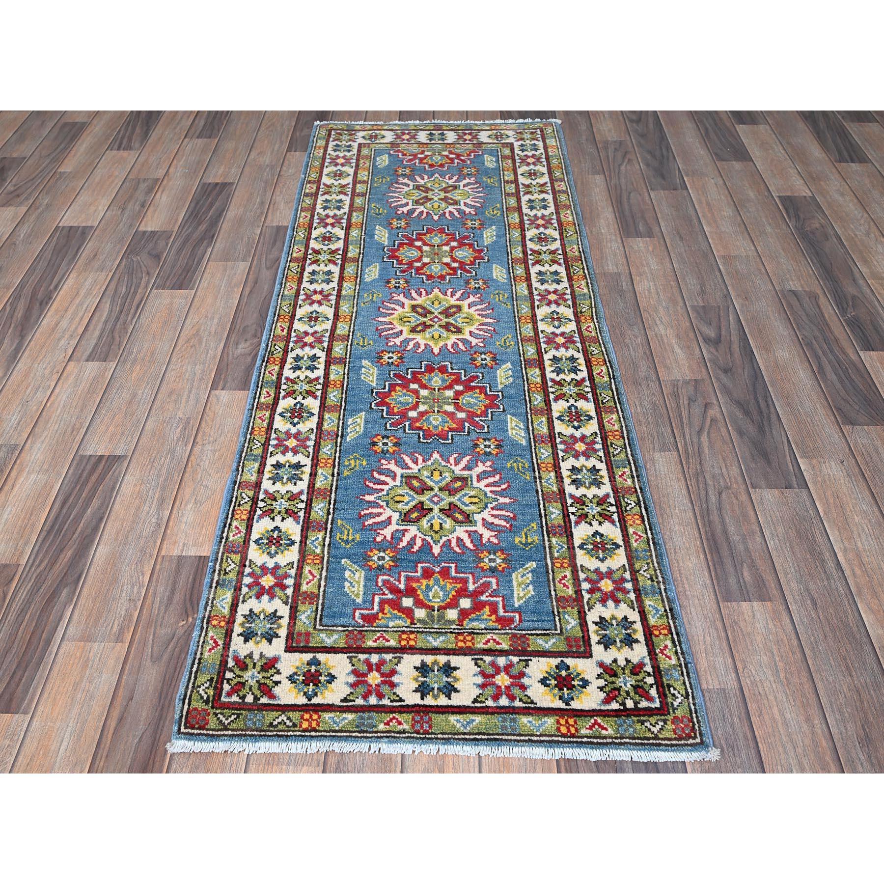 Carolina Blue, Kazak with Tribal Medallions Design, Hand Knotted, Soft and Velvety Wool, Denser Weave, Vegetable Dyes, Narrow Runner, Oriental Rug
Primary materials: Wool
Latex: No Pile 
height: 0.25 Inches
Style: Traditional
Primary color: